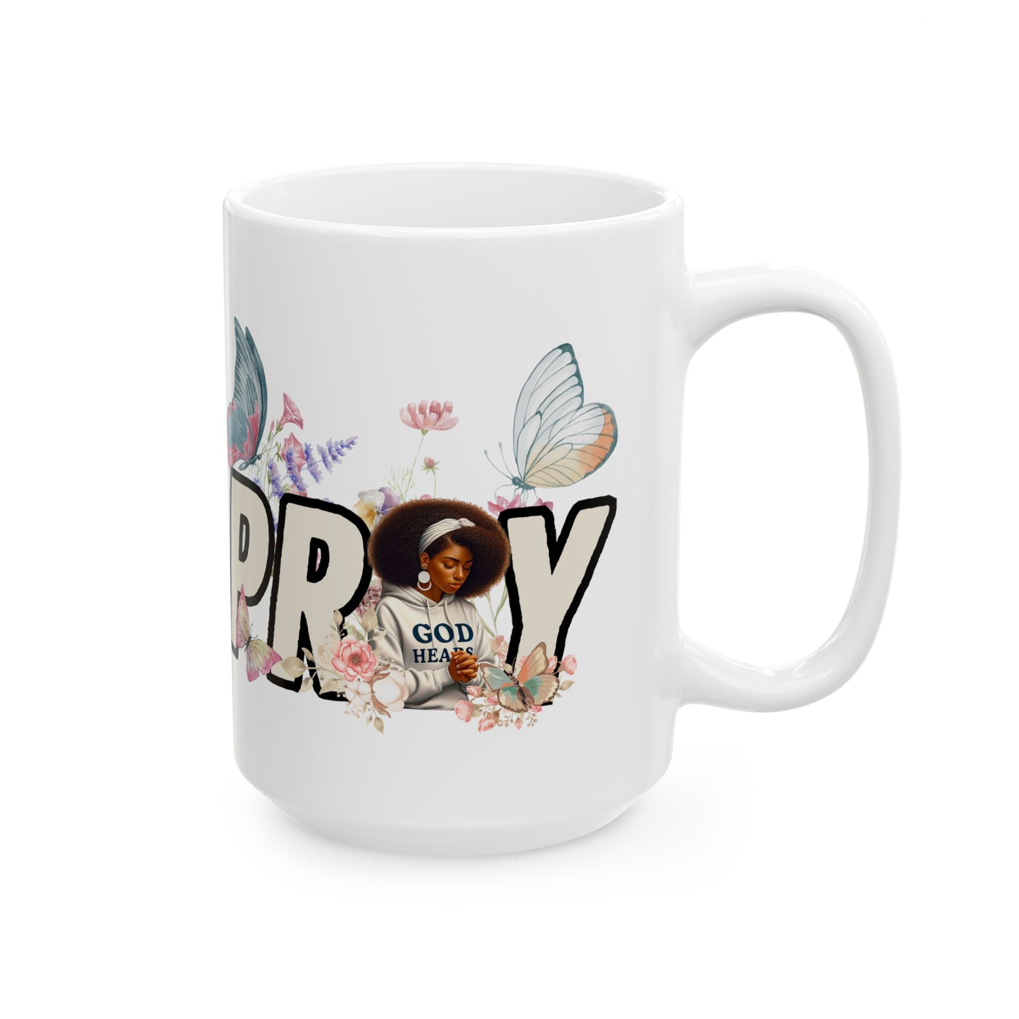 Prayerful Butterfly Ceramic Mug — 'Pray' Inspirational Floral Coffee Cup (11oz & 15oz)