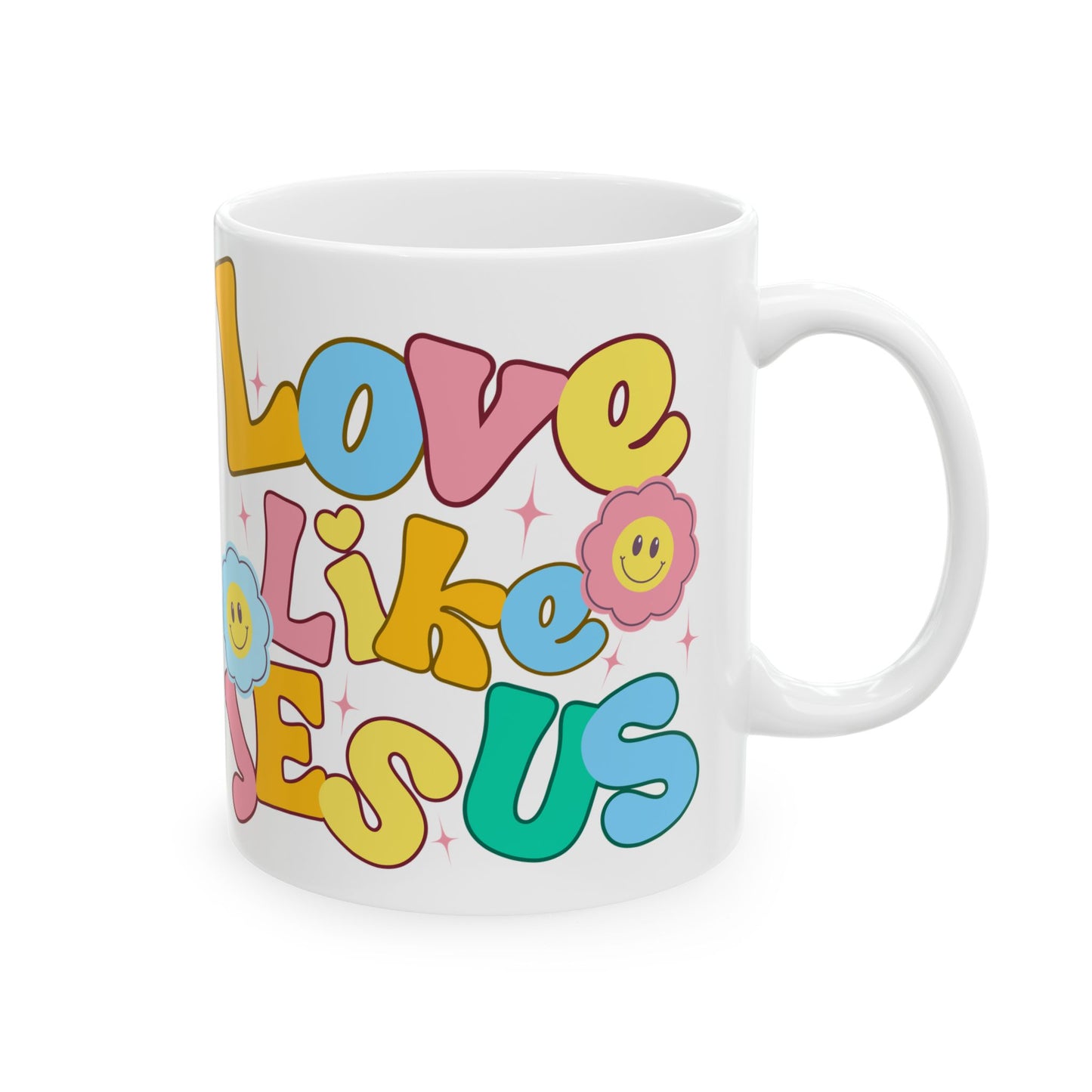 Retro 'Love Like Jesus' Ceramic Mug — Colorful Smiley Flower Faith Coffee Cup (11oz/15oz)