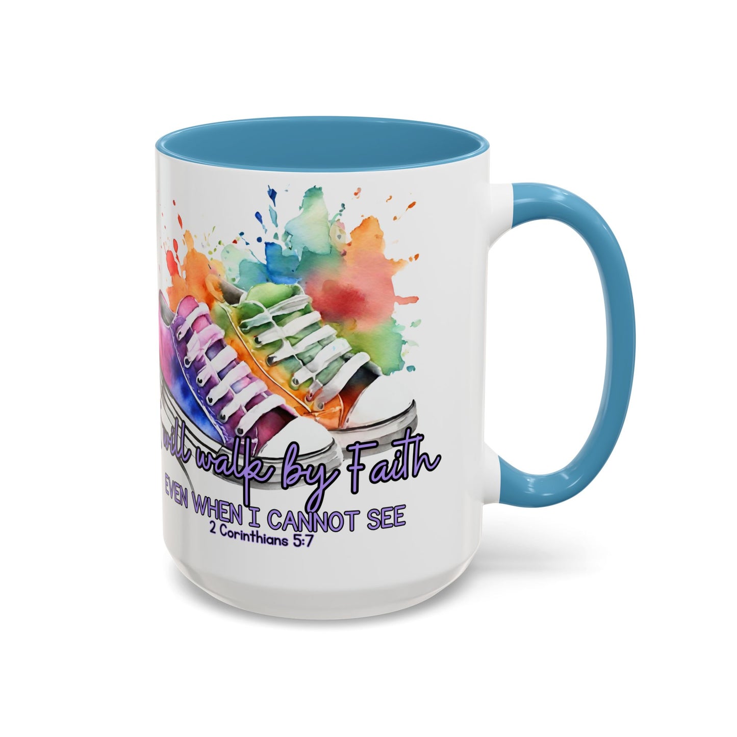 Accent Coffee Mug — "I Will Walk by Faith" Watercolor Sneakers Christian Gift (11/15oz)
