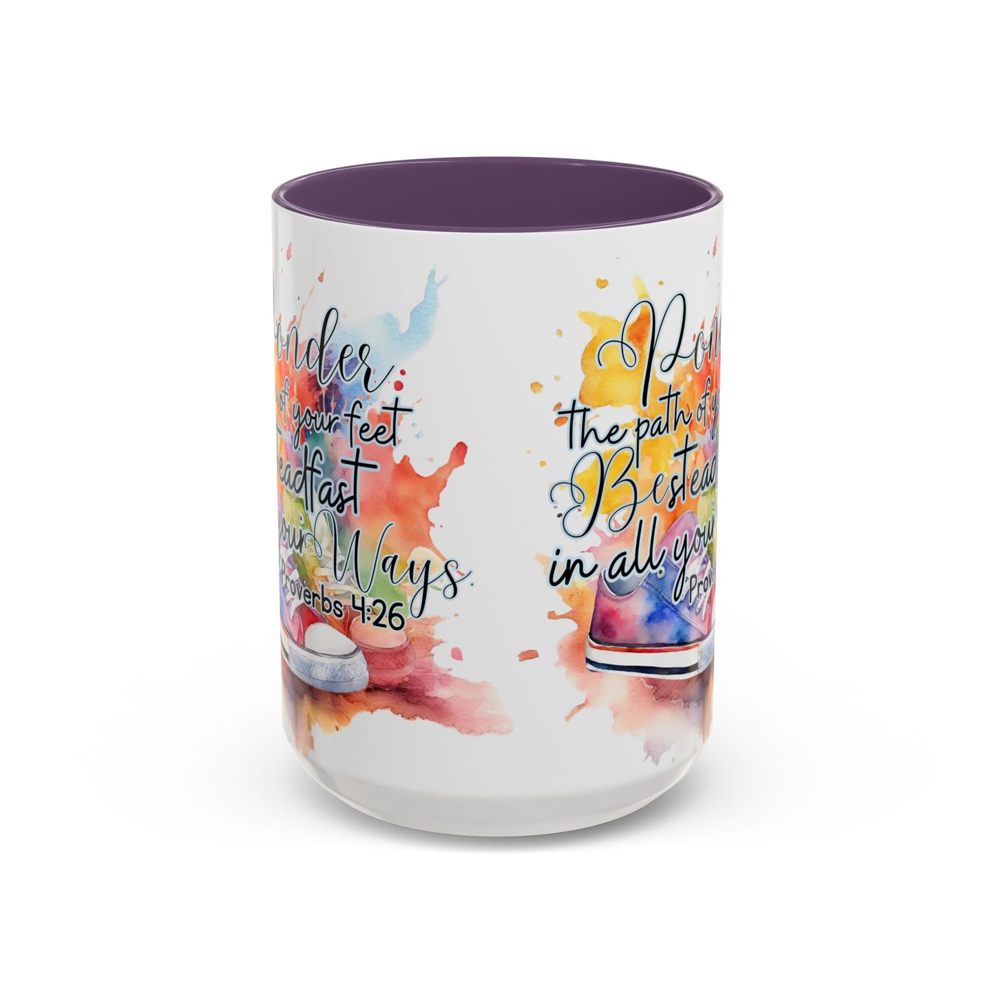 Accent Coffee Mug — Proverbs 4:26 'Ponder the Path of Your Feet' Watercolor Inspirational Mug