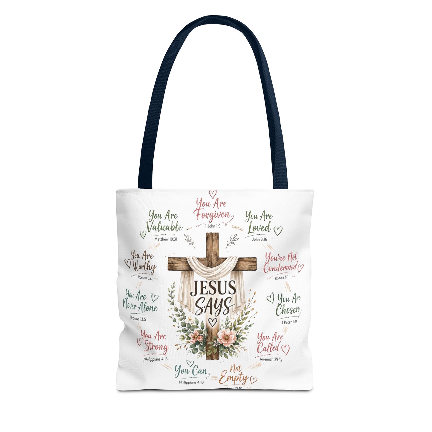 Jesus Says Cross Tote Bag | Christian Scripture Floral Design