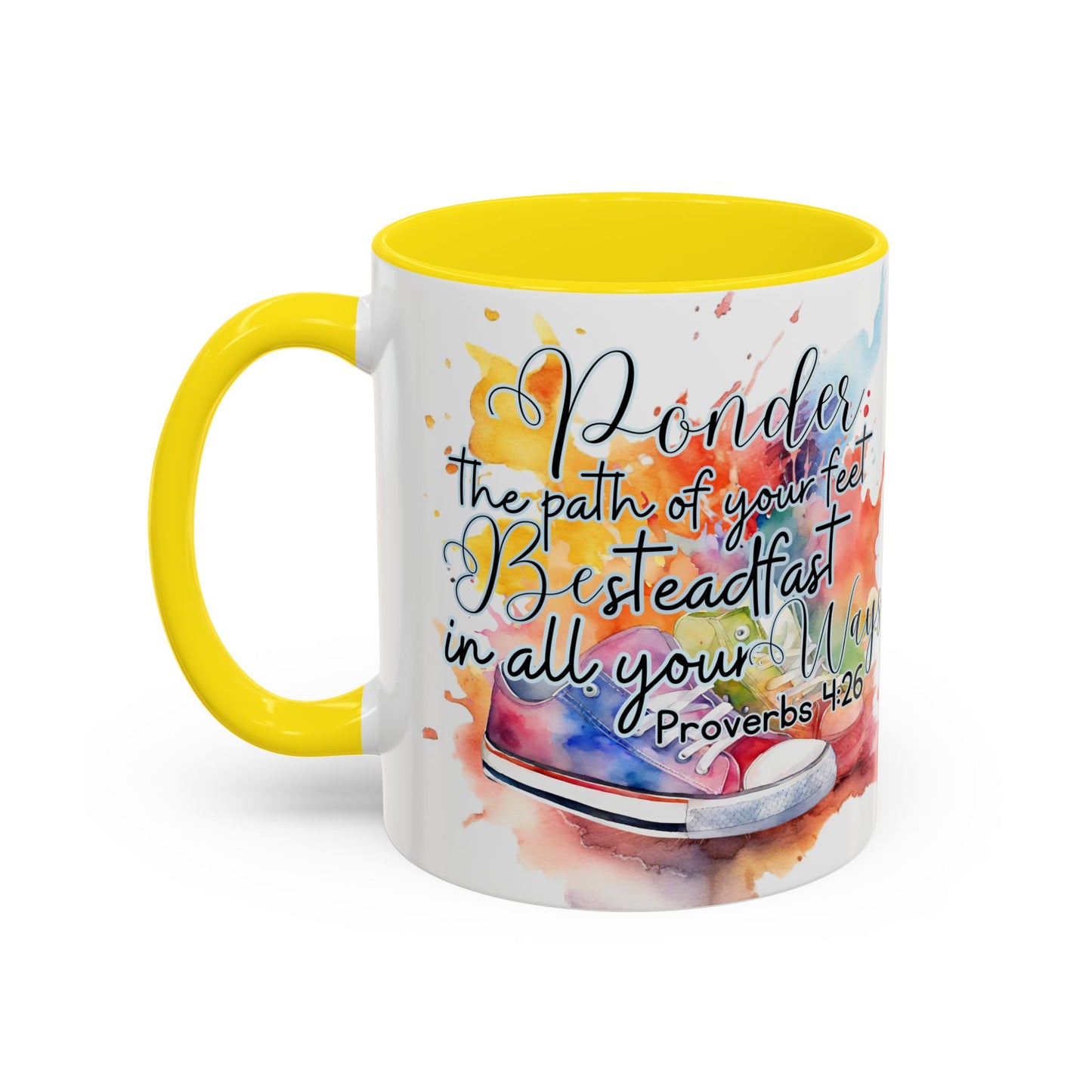 Accent Coffee Mug — Proverbs 4:26 'Ponder the Path of Your Feet' Watercolor Inspirational Mug