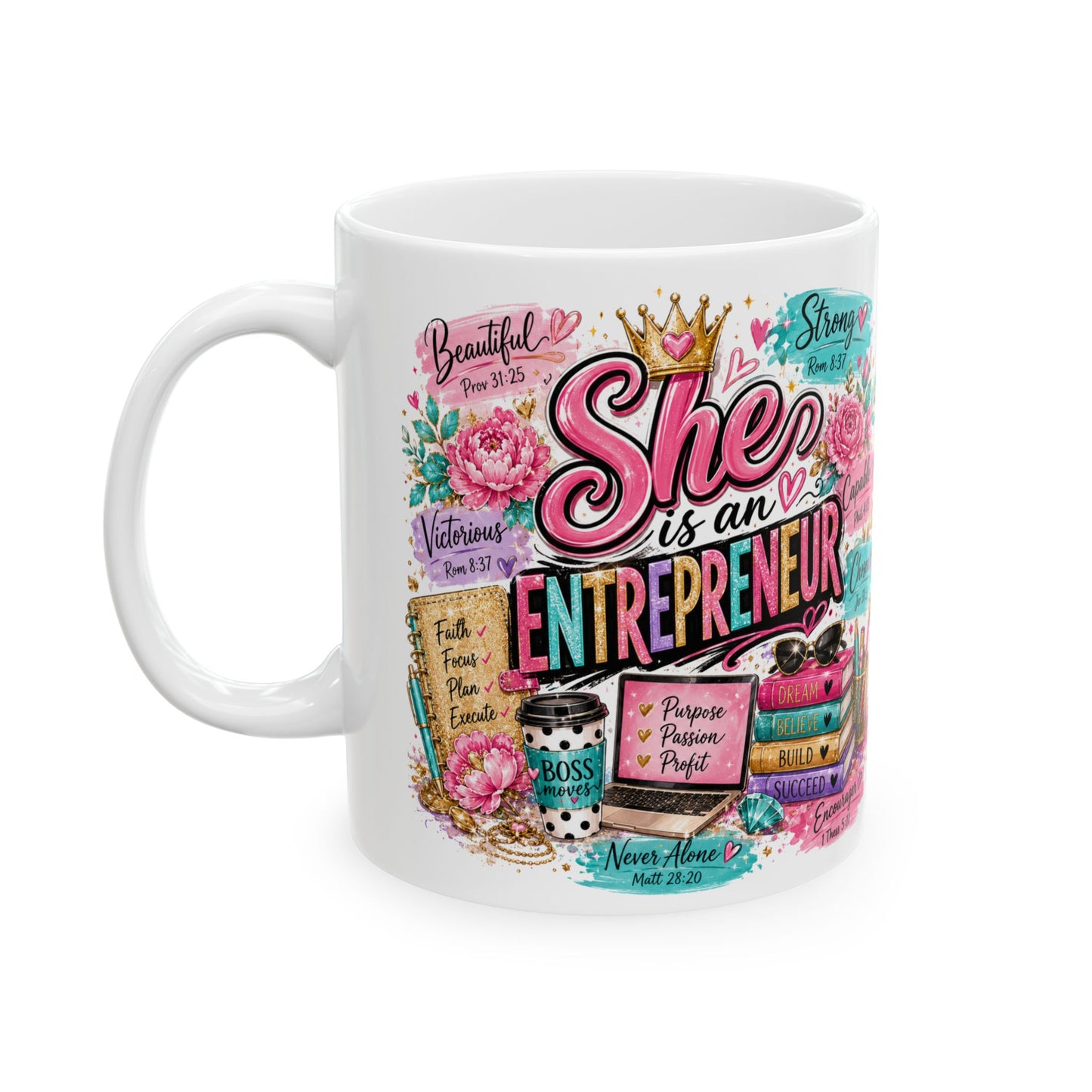 She is Entrepreneur Self Care Student Mug | Floral Books, Coffee, Study Planner Design