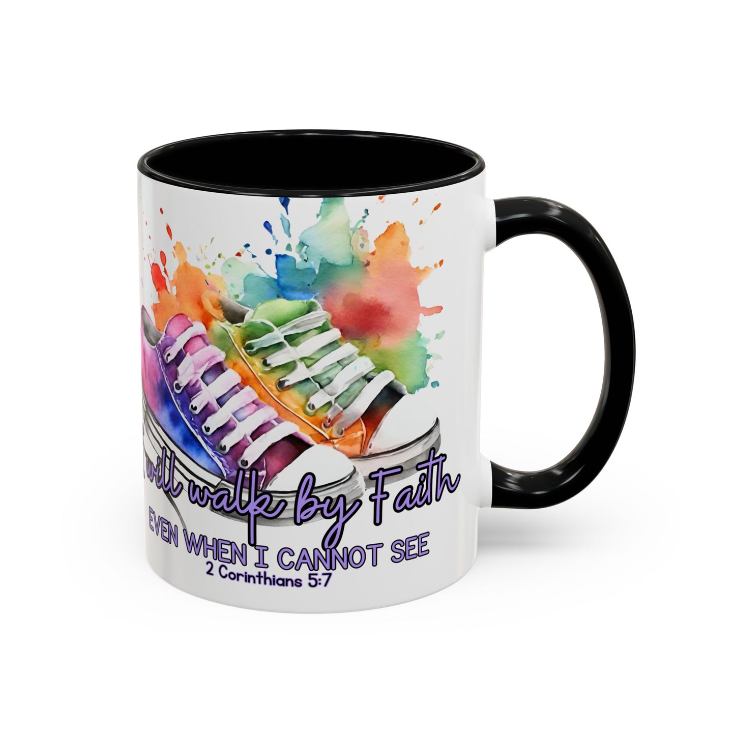Accent Coffee Mug — "I Will Walk by Faith" Watercolor Sneakers Christian Gift (11/15oz)