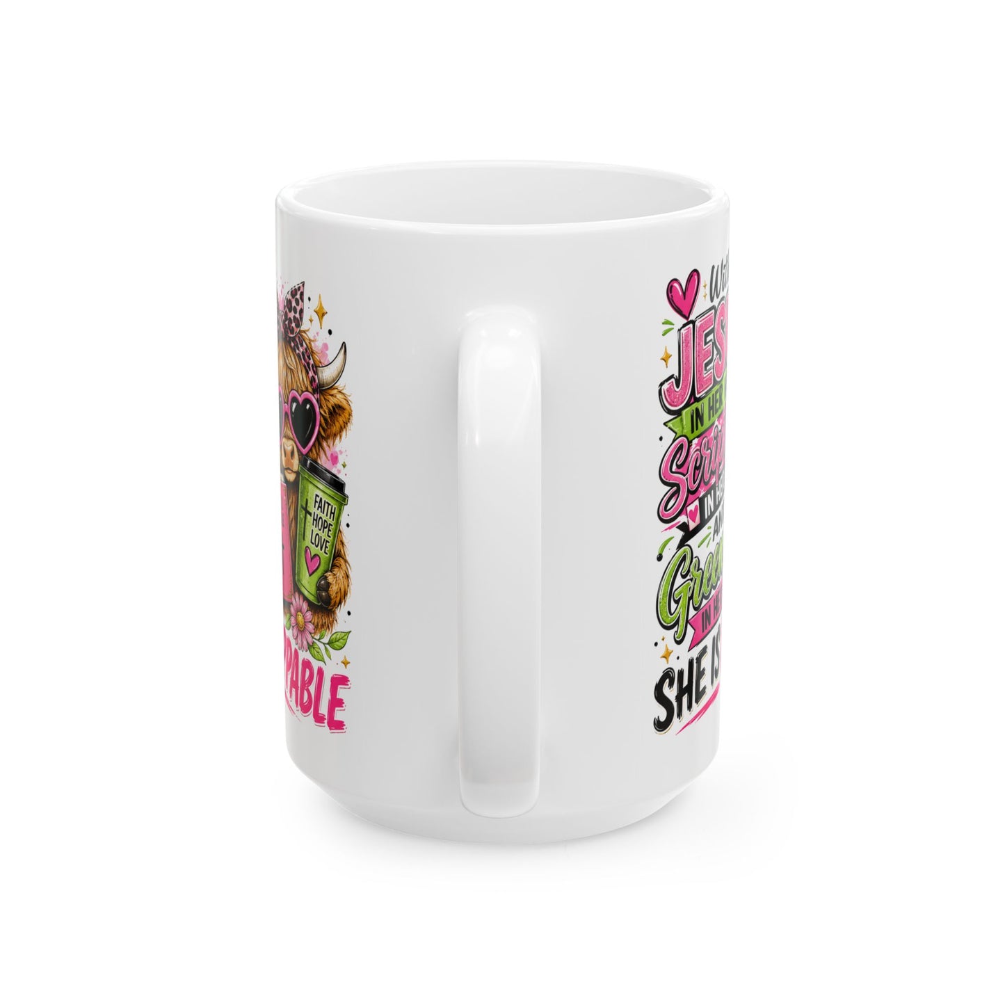 Christian Cow Illustration Mug | She Is Unstoppable Scripture Coffee Cup