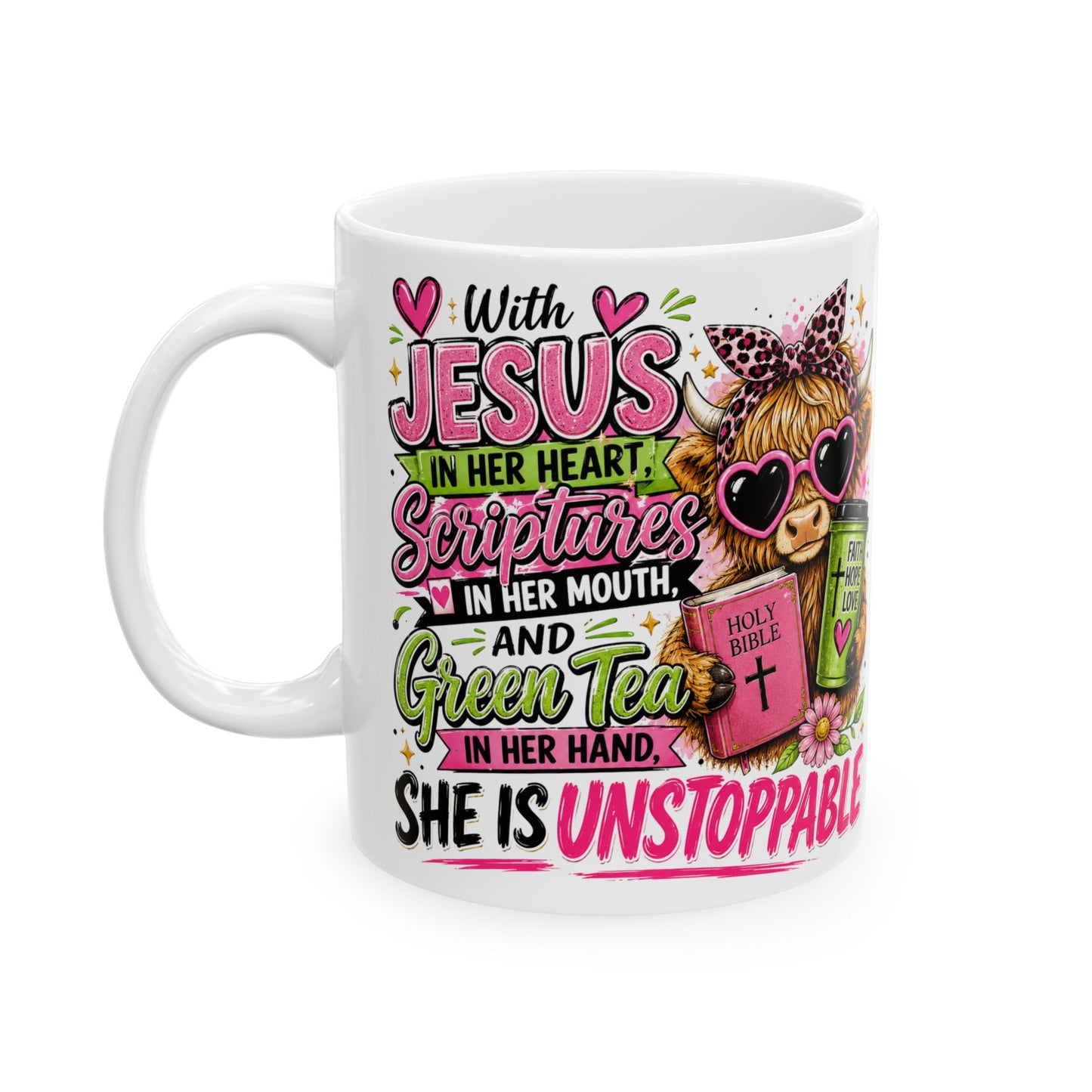 Christian Cow Illustration Mug | She Is Unstoppable Scripture Coffee Cup