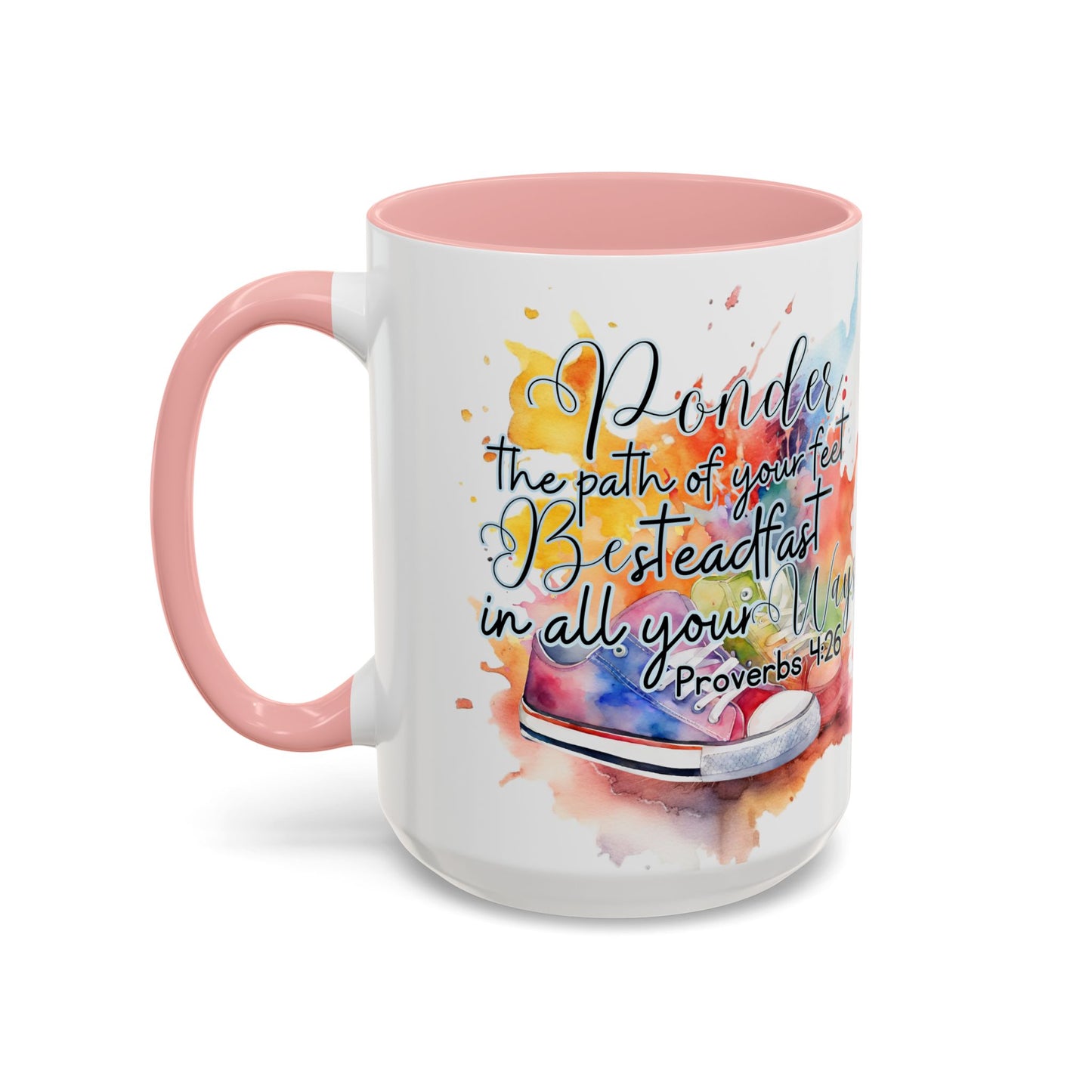 Accent Coffee Mug — Proverbs 4:26 'Ponder the Path of Your Feet' Watercolor Inspirational Mug