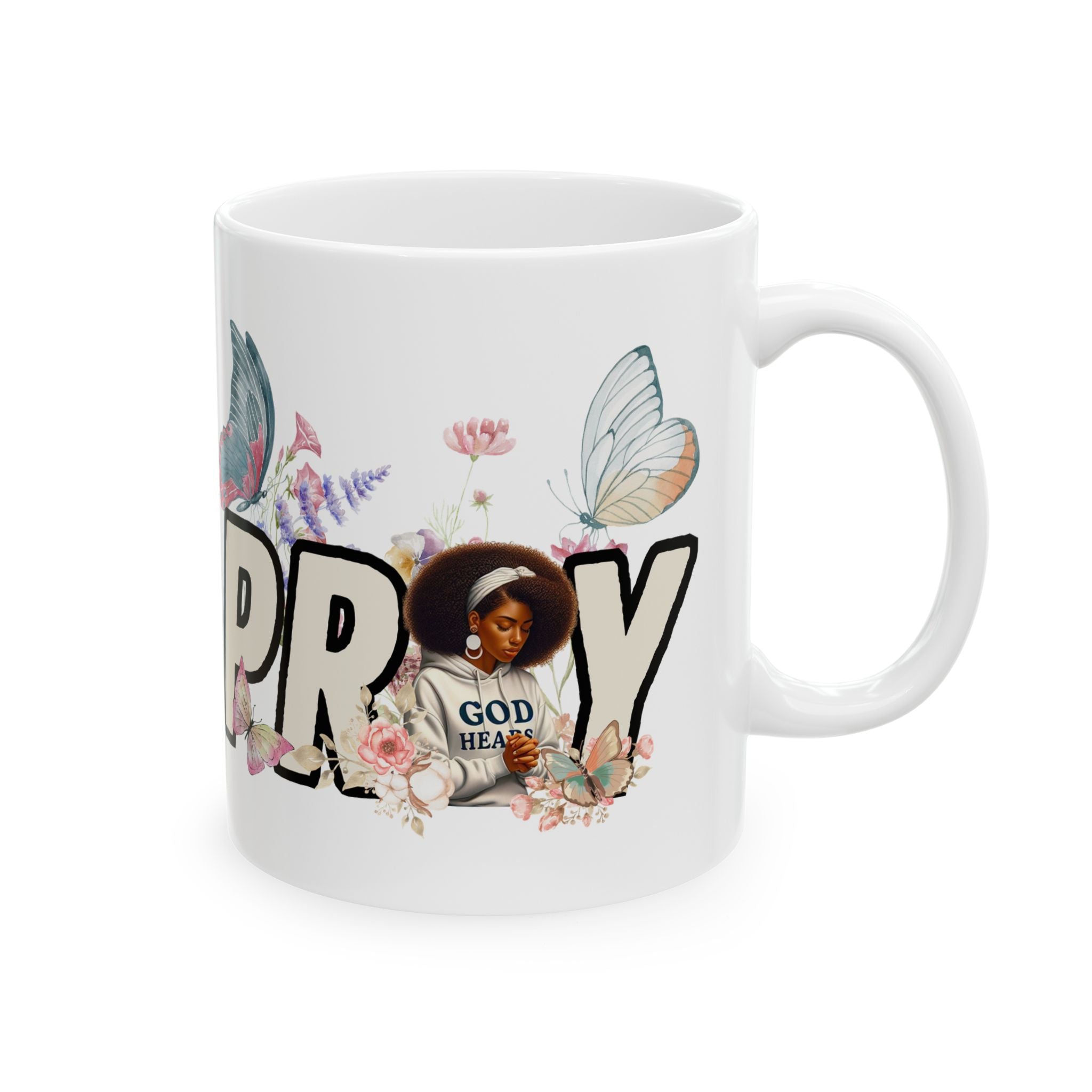 Prayerful Butterfly Ceramic Mug — 'Pray' Inspirational Floral Coffee Cup (11oz & 15oz)