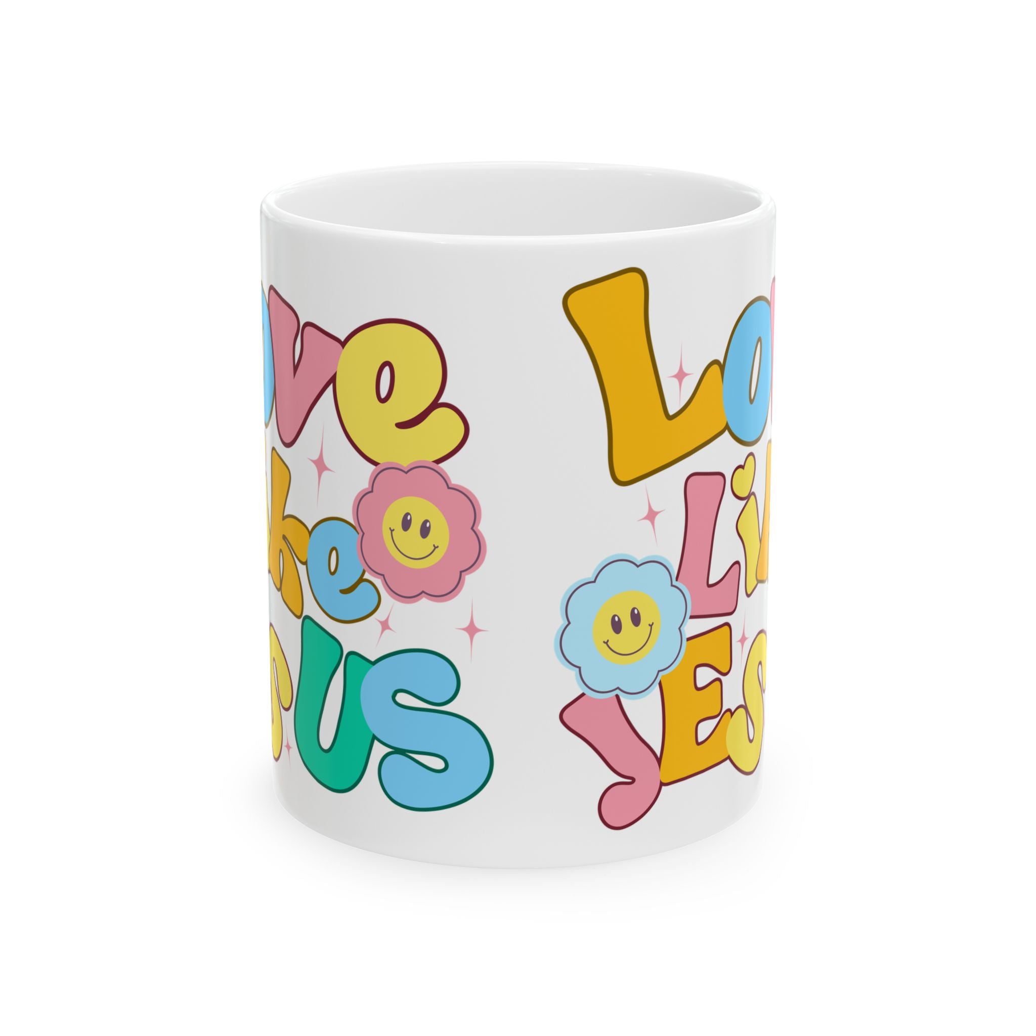 Retro 'Love Like Jesus' Ceramic Mug — Colorful Smiley Flower Faith Coffee Cup (11oz/15oz)
