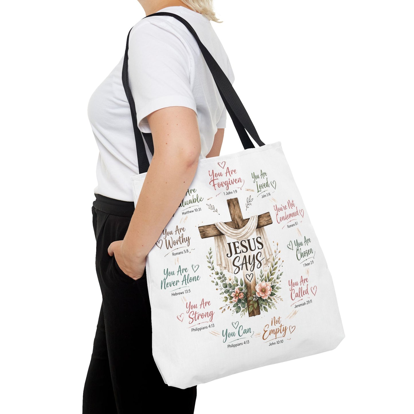 Jesus Says Cross Tote Bag | Christian Scripture Floral Design