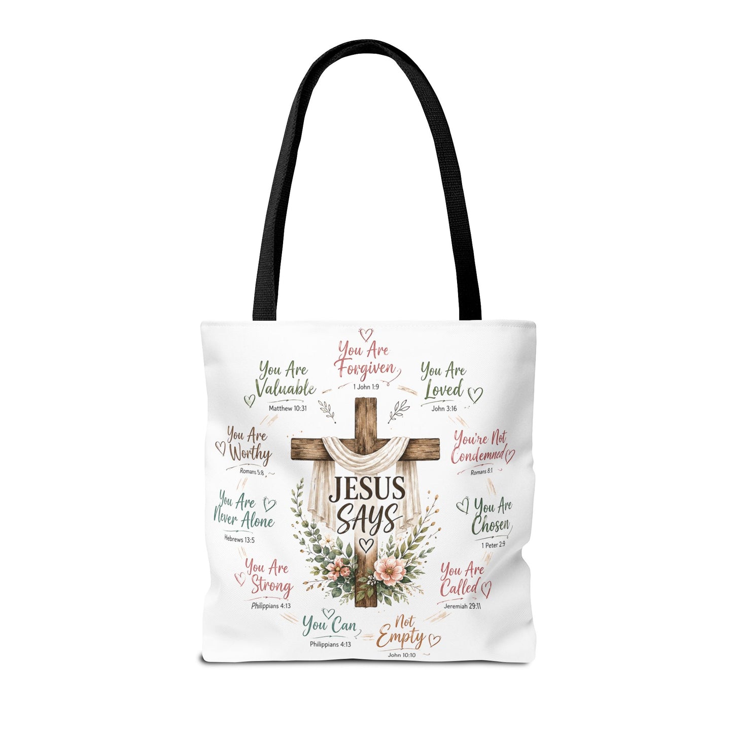 Jesus Says Cross Tote Bag | Christian Scripture Floral Design