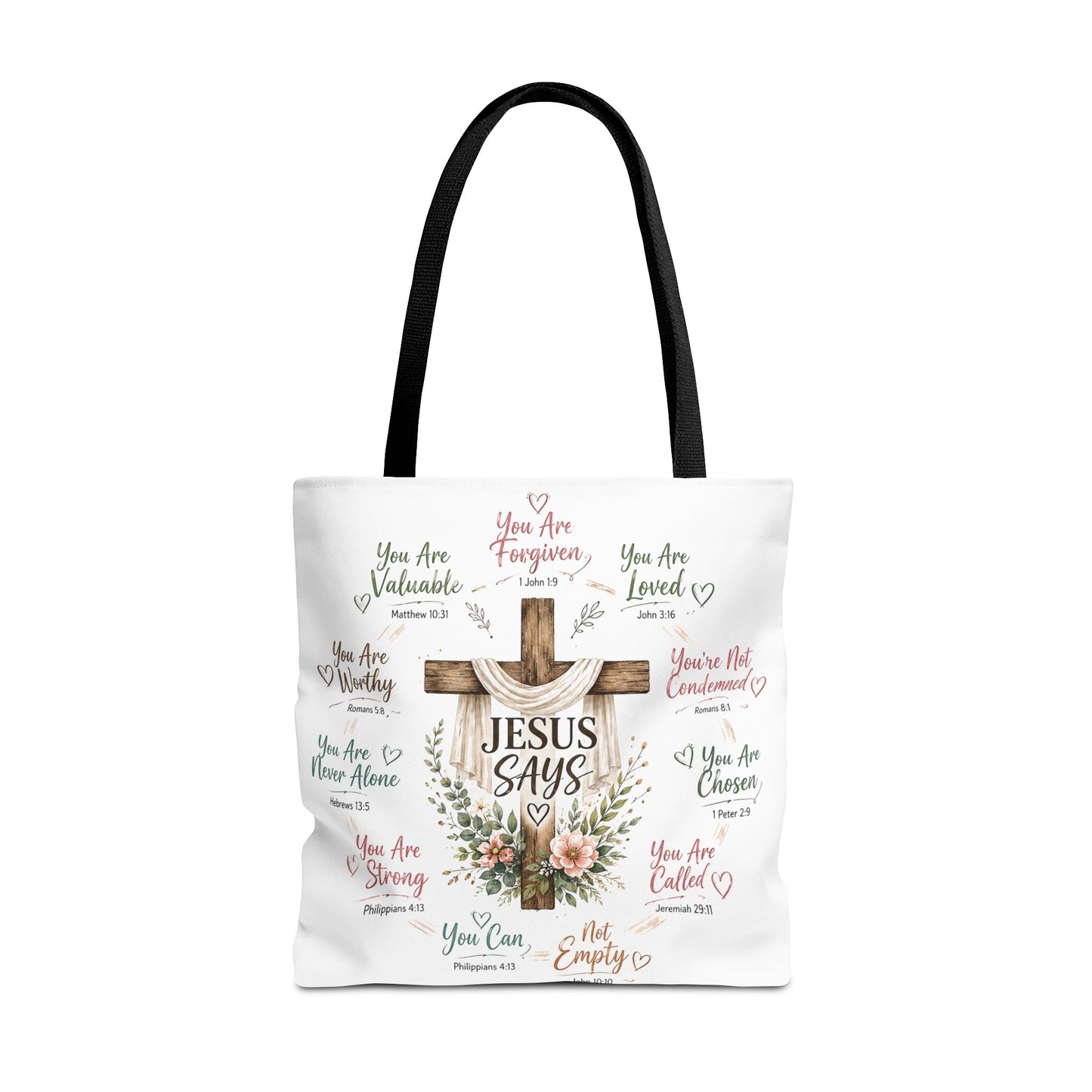 Jesus Says Cross Tote Bag | Christian Scripture Floral Design