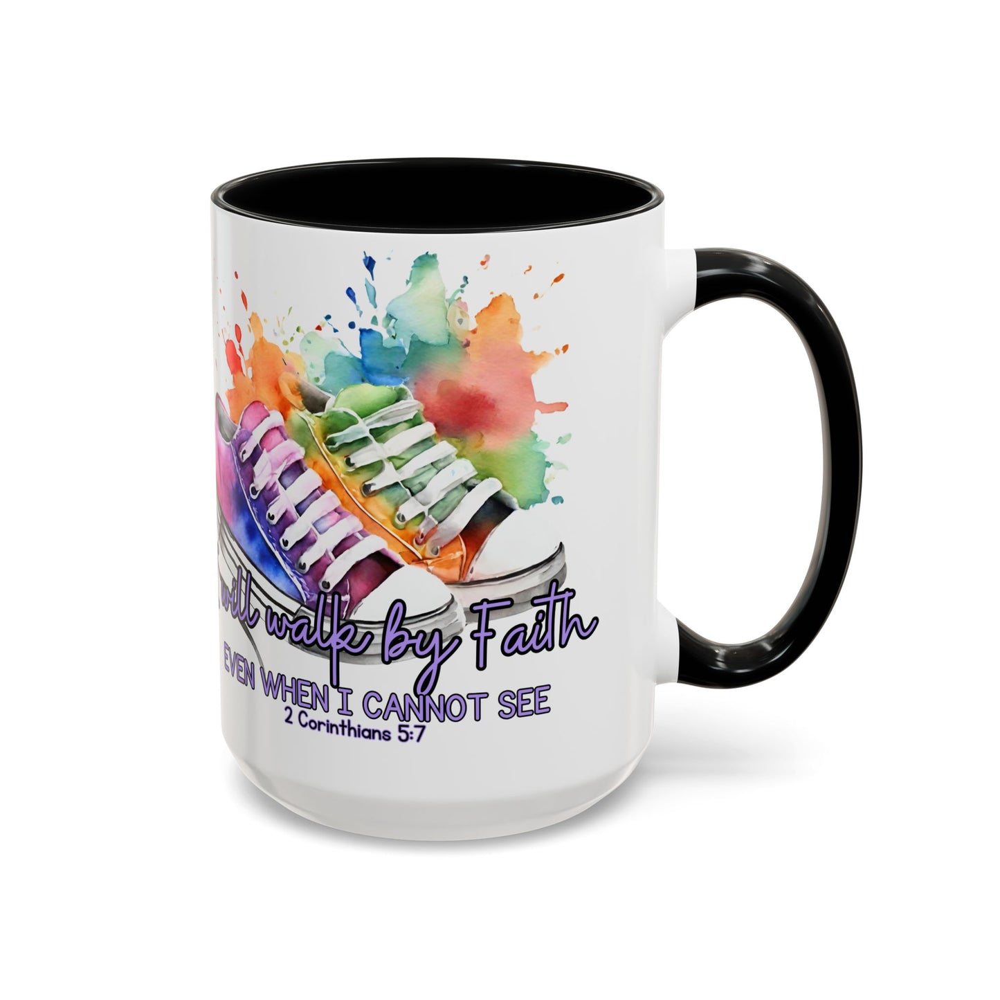 Accent Coffee Mug — "I Will Walk by Faith" Watercolor Sneakers Christian Gift (11/15oz)