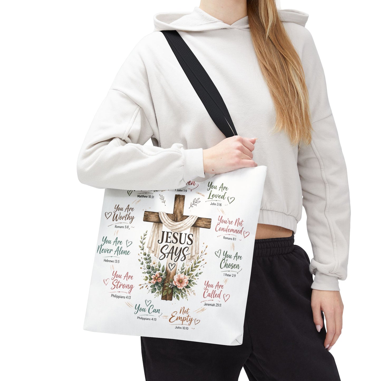 Jesus Says Cross Tote Bag | Christian Scripture Floral Design