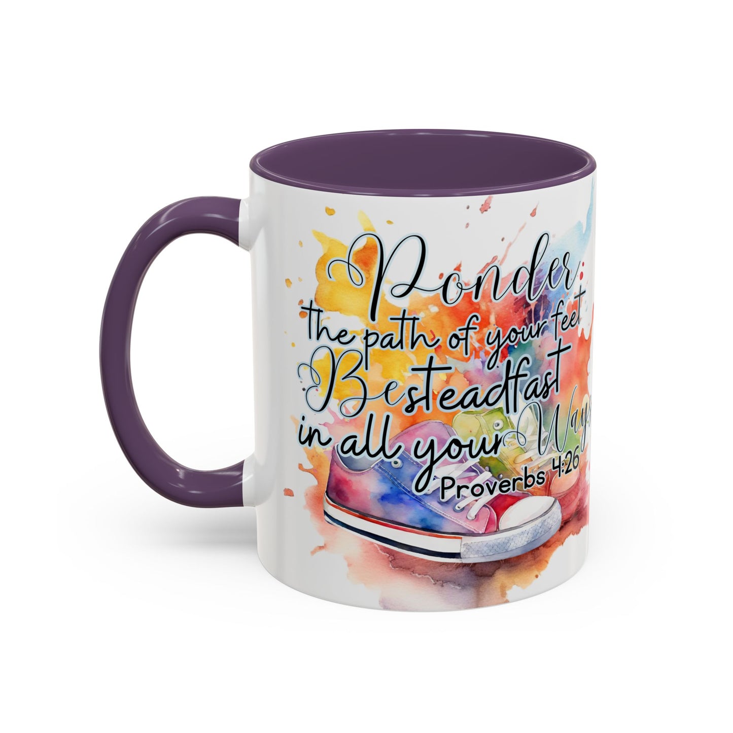 Accent Coffee Mug — Proverbs 4:26 'Ponder the Path of Your Feet' Watercolor Inspirational Mug