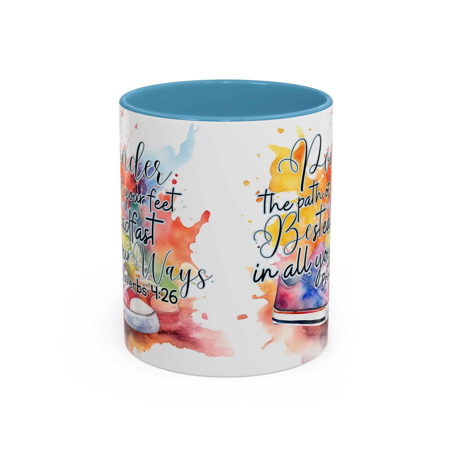 Accent Coffee Mug — Proverbs 4:26 'Ponder the Path of Your Feet' Watercolor Inspirational Mug