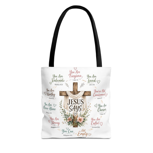 Jesus Says Cross Tote Bag | Christian Scripture Floral Design