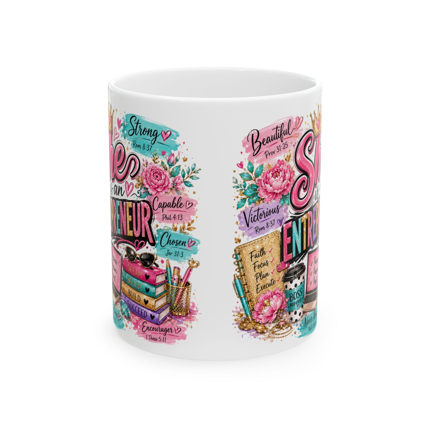 She is Entrepreneur Self Care Student Mug | Floral Books, Coffee, Study Planner Design