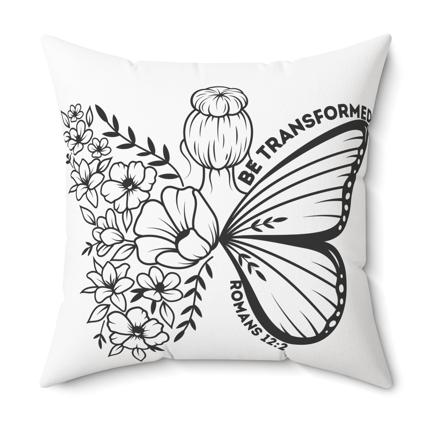 Butterfly Floral Pillow – “Be Transformed” Decorative Throw Pillow (Romans 12:2)