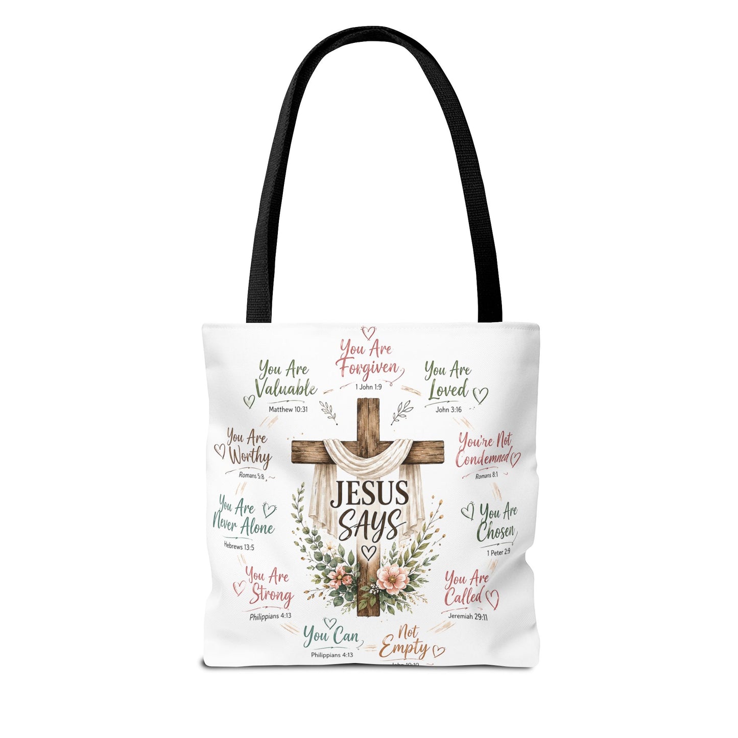 Jesus Says Cross Tote Bag | Christian Scripture Floral Design