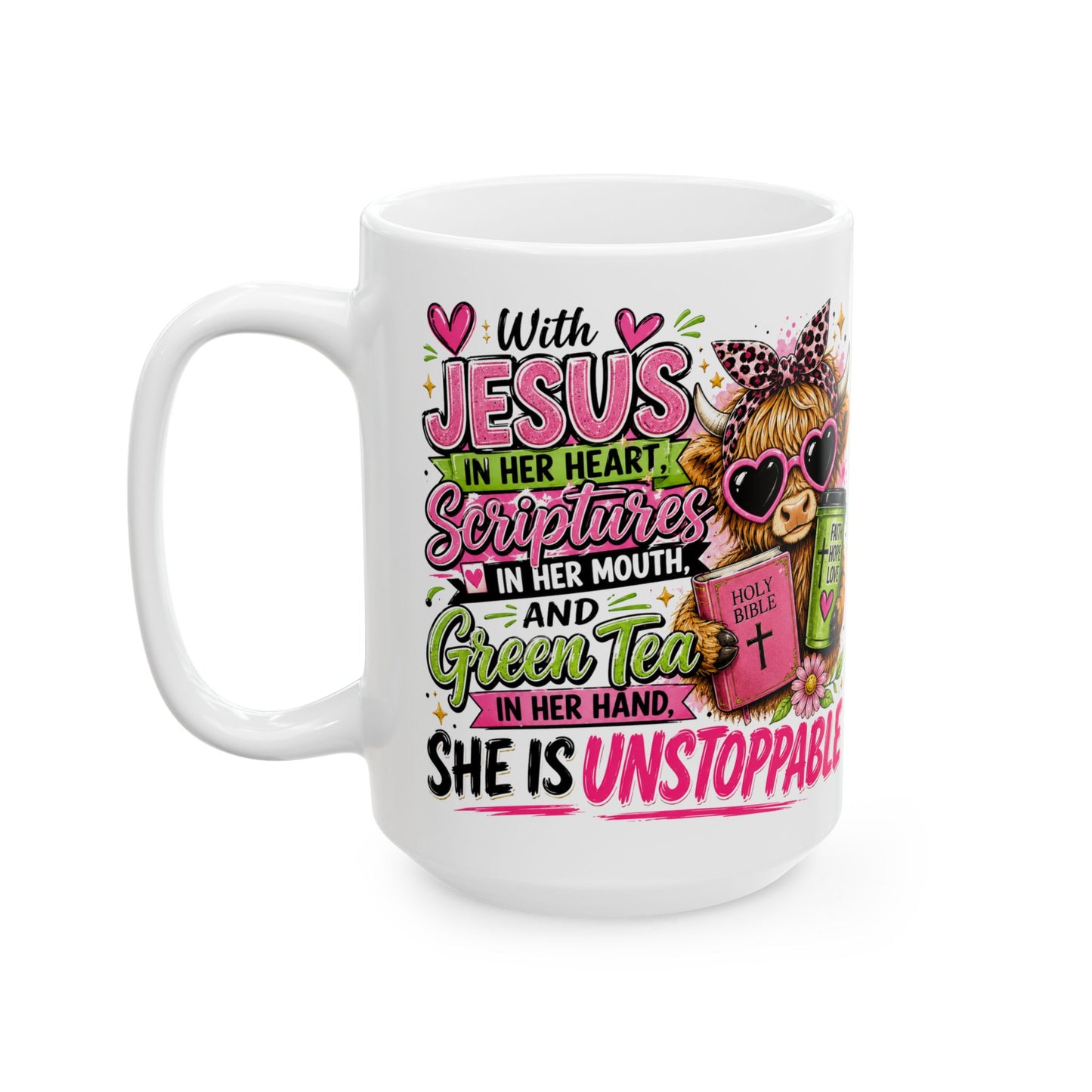Christian Cow Illustration Mug | She Is Unstoppable Scripture Coffee Cup