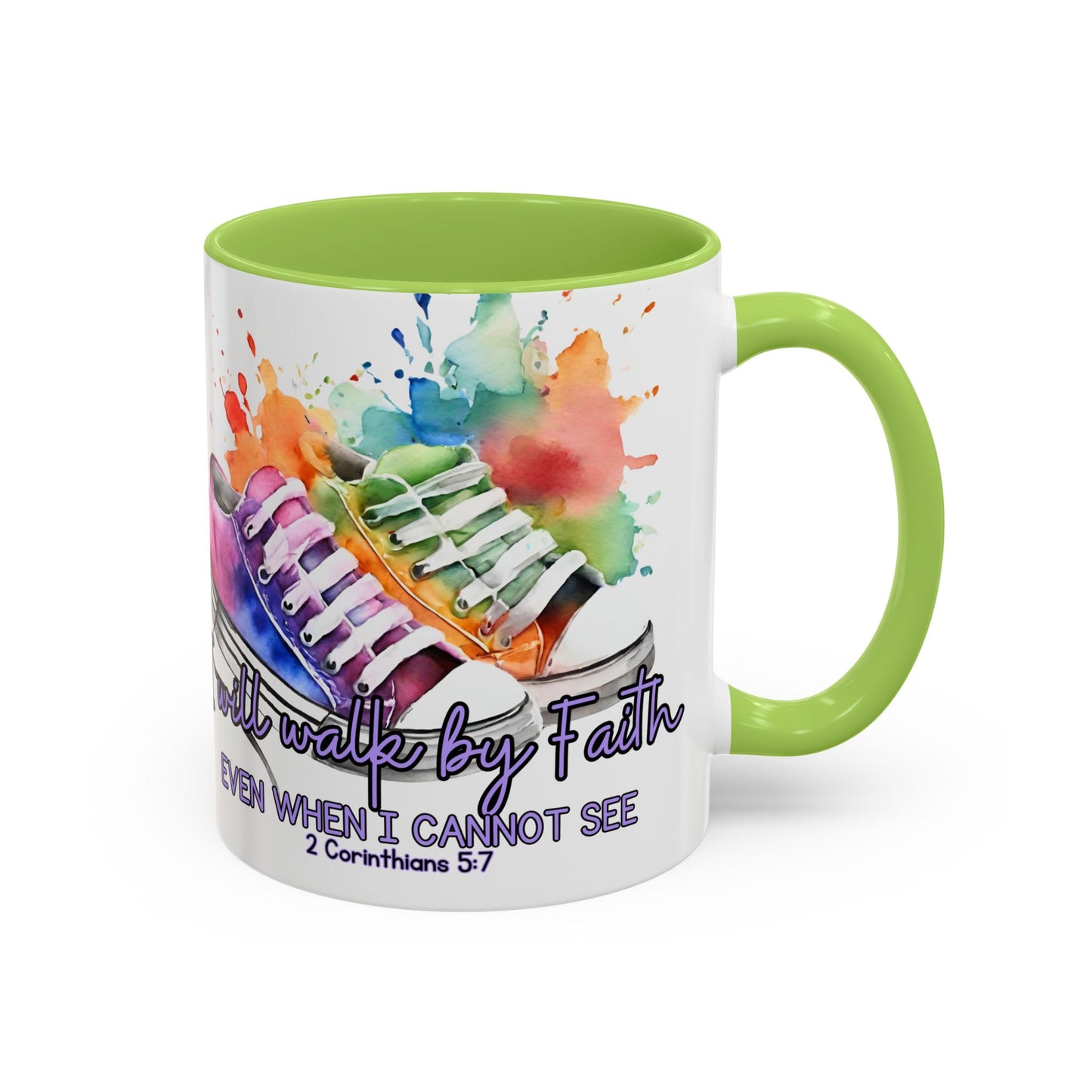 Accent Coffee Mug — "I Will Walk by Faith" Watercolor Sneakers Christian Gift (11/15oz)