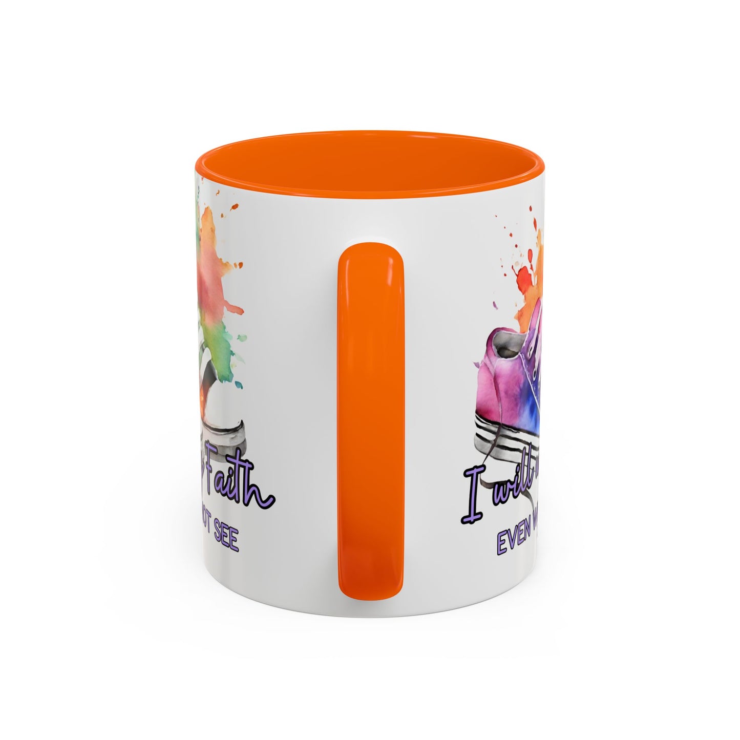 Accent Coffee Mug — "I Will Walk by Faith" Watercolor Sneakers Christian Gift (11/15oz)