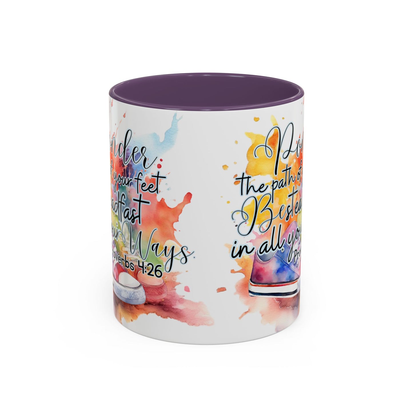 Accent Coffee Mug — Proverbs 4:26 'Ponder the Path of Your Feet' Watercolor Inspirational Mug