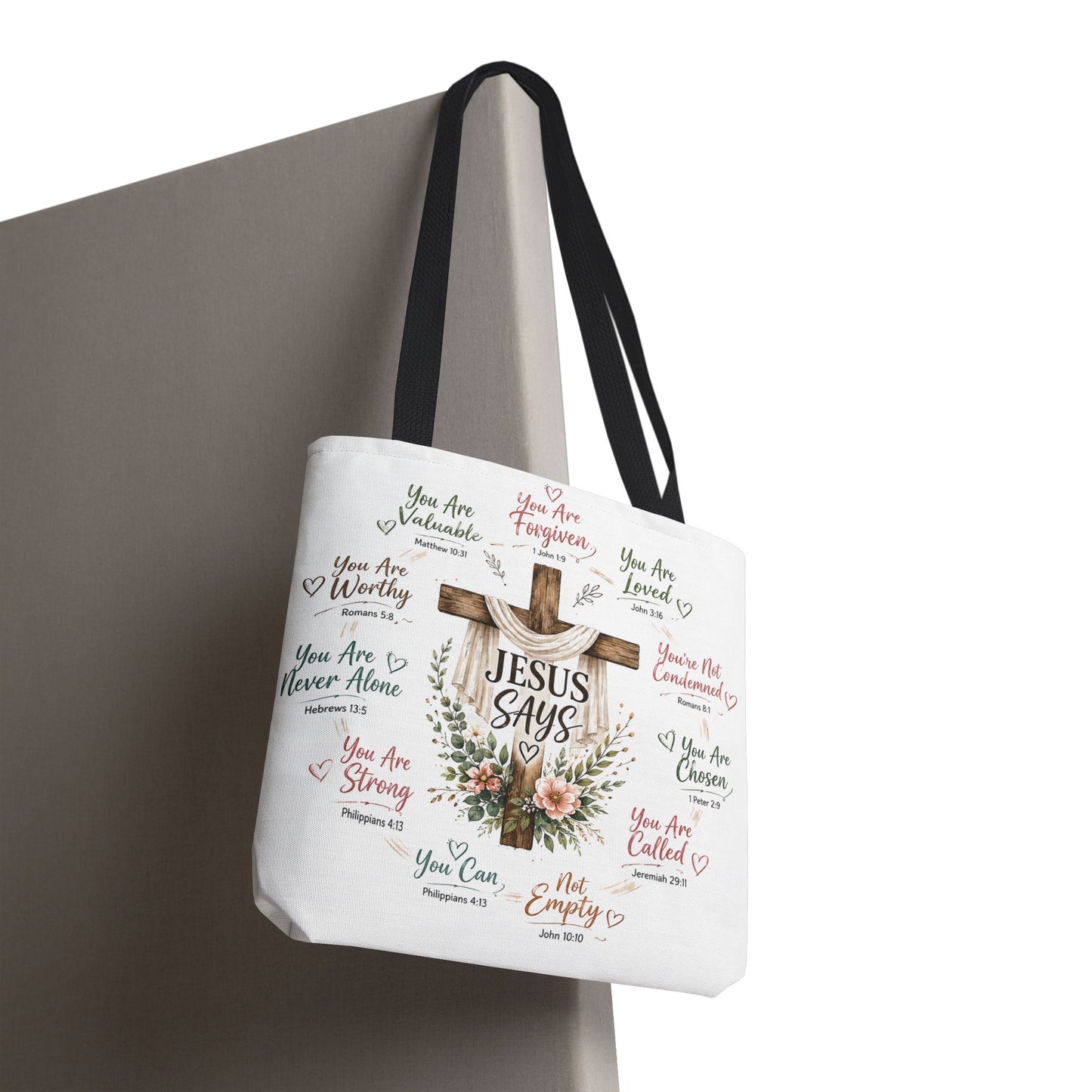 Jesus Says Cross Tote Bag | Christian Scripture Floral Design