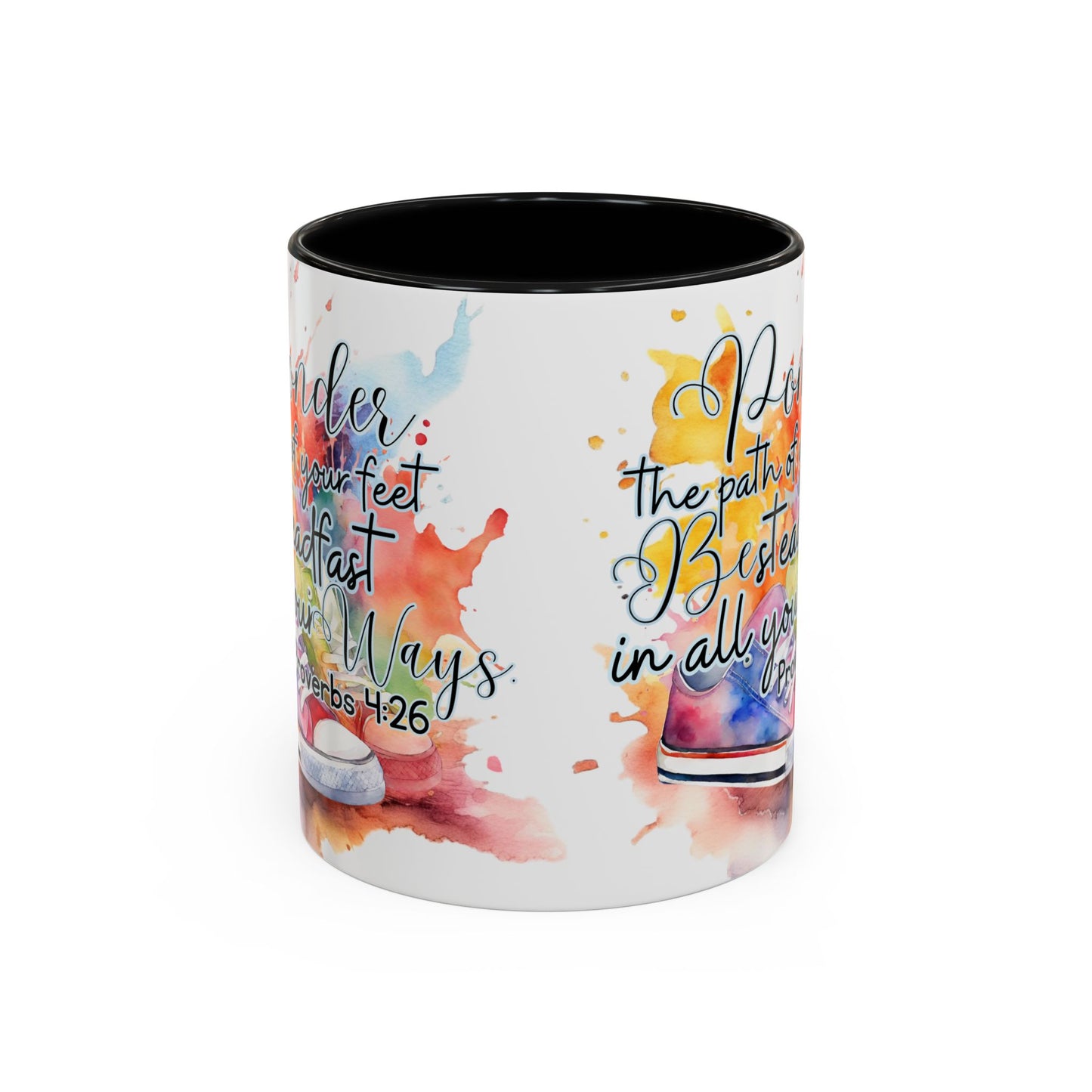 Accent Coffee Mug — Proverbs 4:26 'Ponder the Path of Your Feet' Watercolor Inspirational Mug