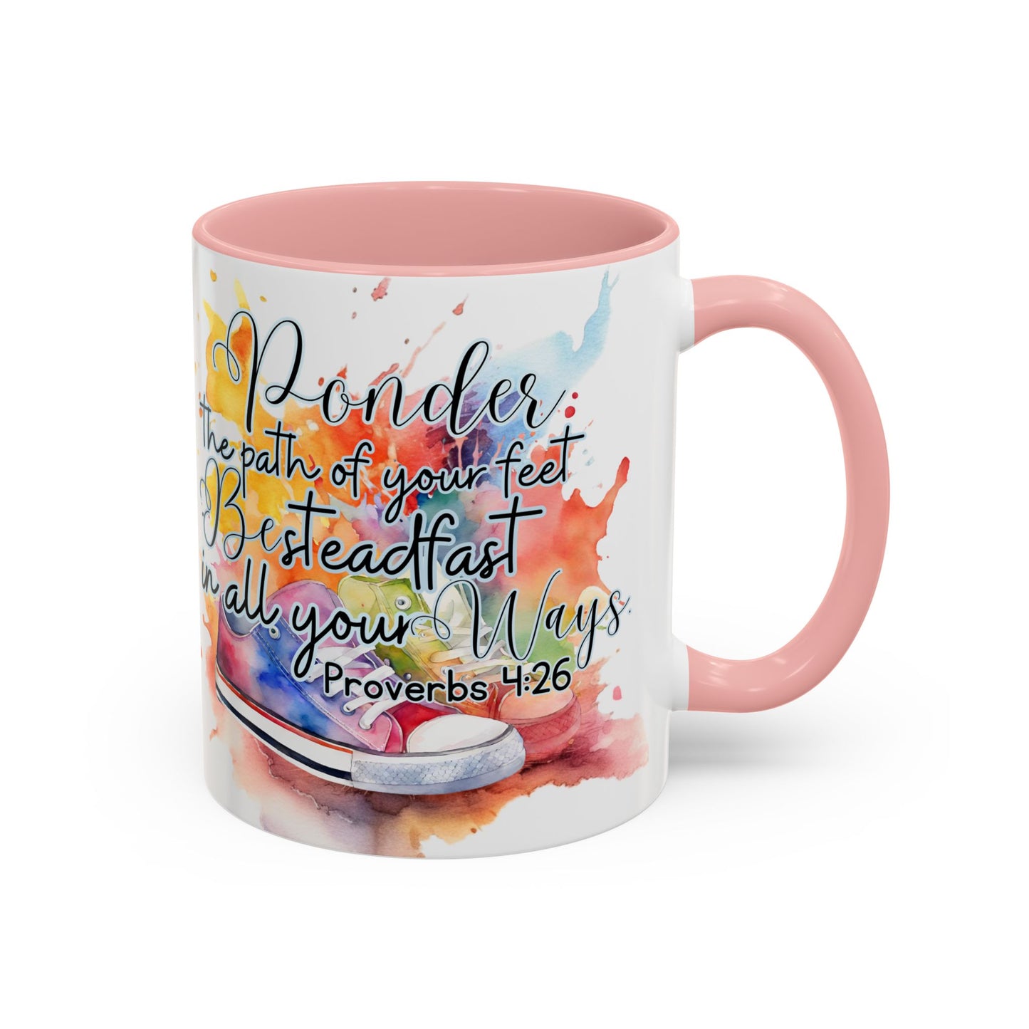 Accent Coffee Mug — Proverbs 4:26 'Ponder the Path of Your Feet' Watercolor Inspirational Mug