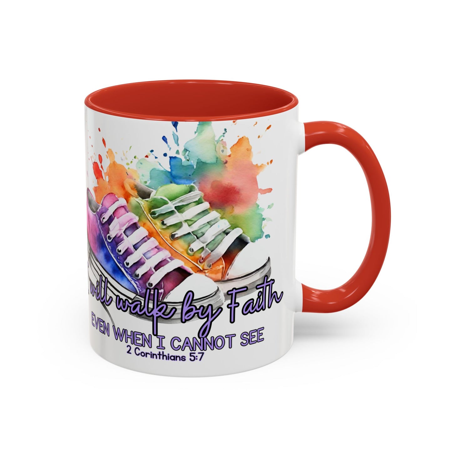 Accent Coffee Mug — "I Will Walk by Faith" Watercolor Sneakers Christian Gift (11/15oz)