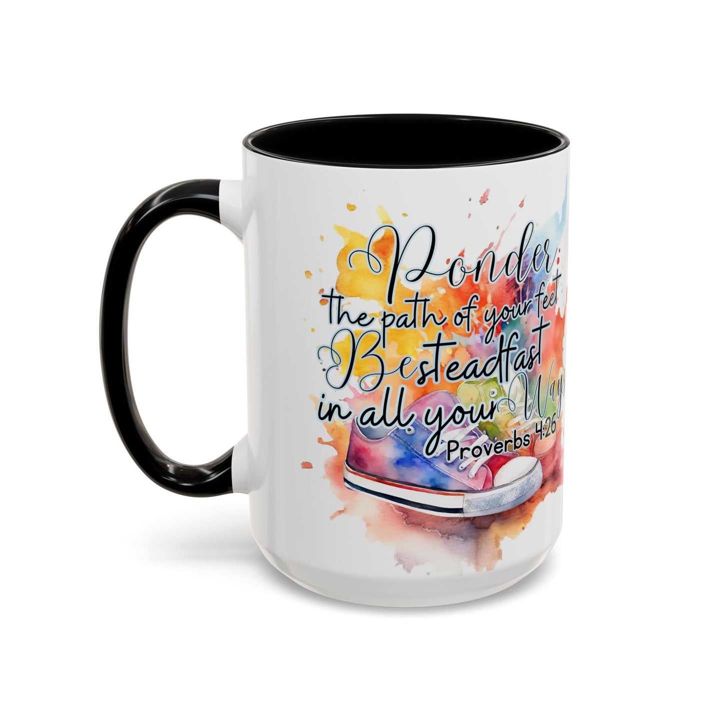 Accent Coffee Mug — Proverbs 4:26 'Ponder the Path of Your Feet' Watercolor Inspirational Mug