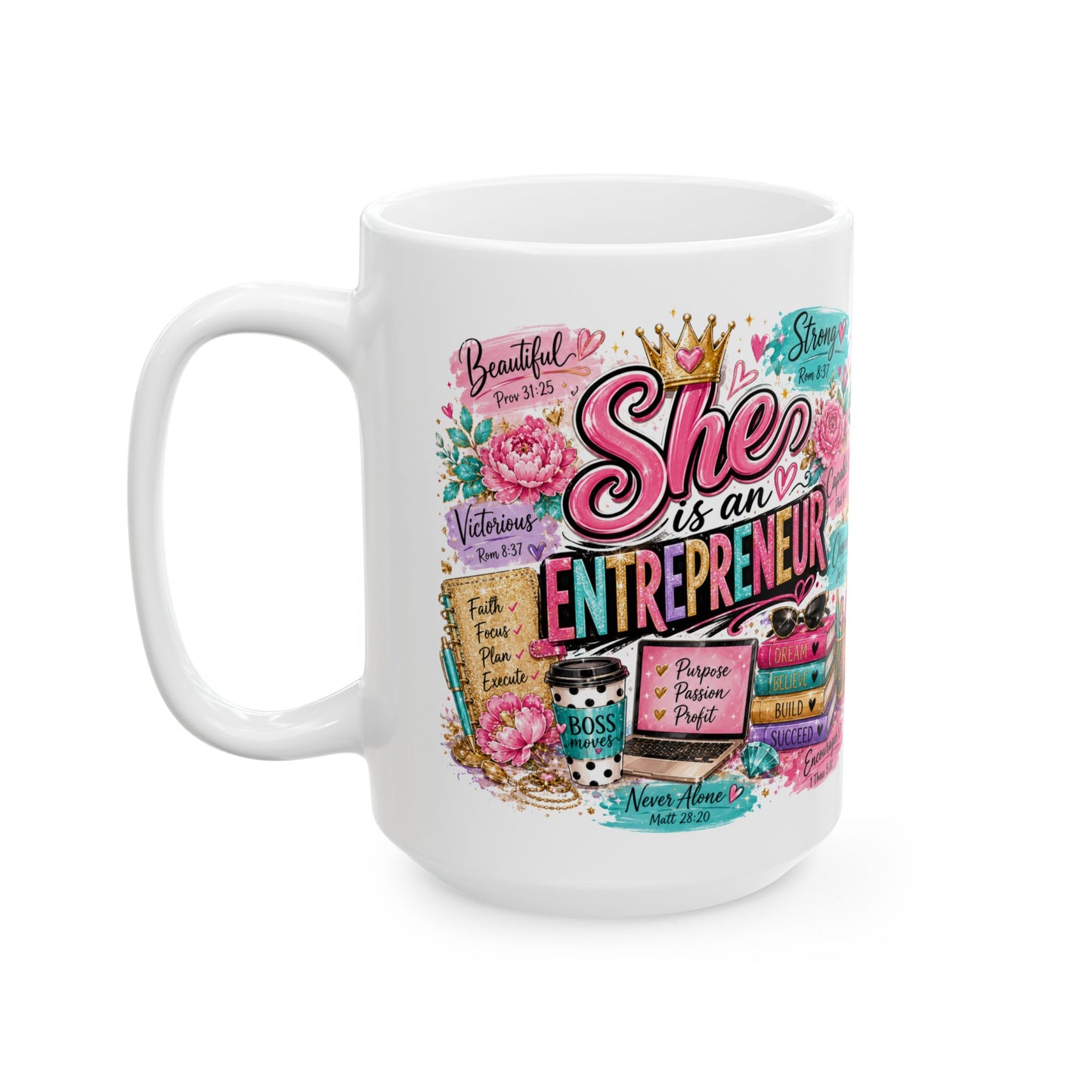 She is Entrepreneur Self Care Student Mug | Floral Books, Coffee, Study Planner Design