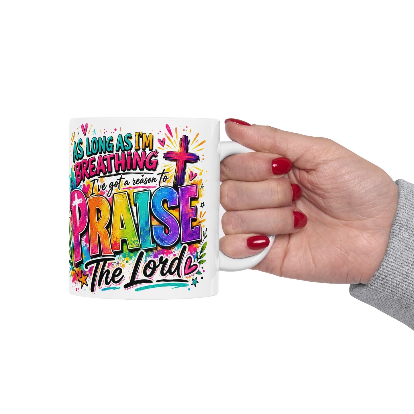 Praise Lord Christian Cross Mug | Colorful Faith Scripture Coffee Cup