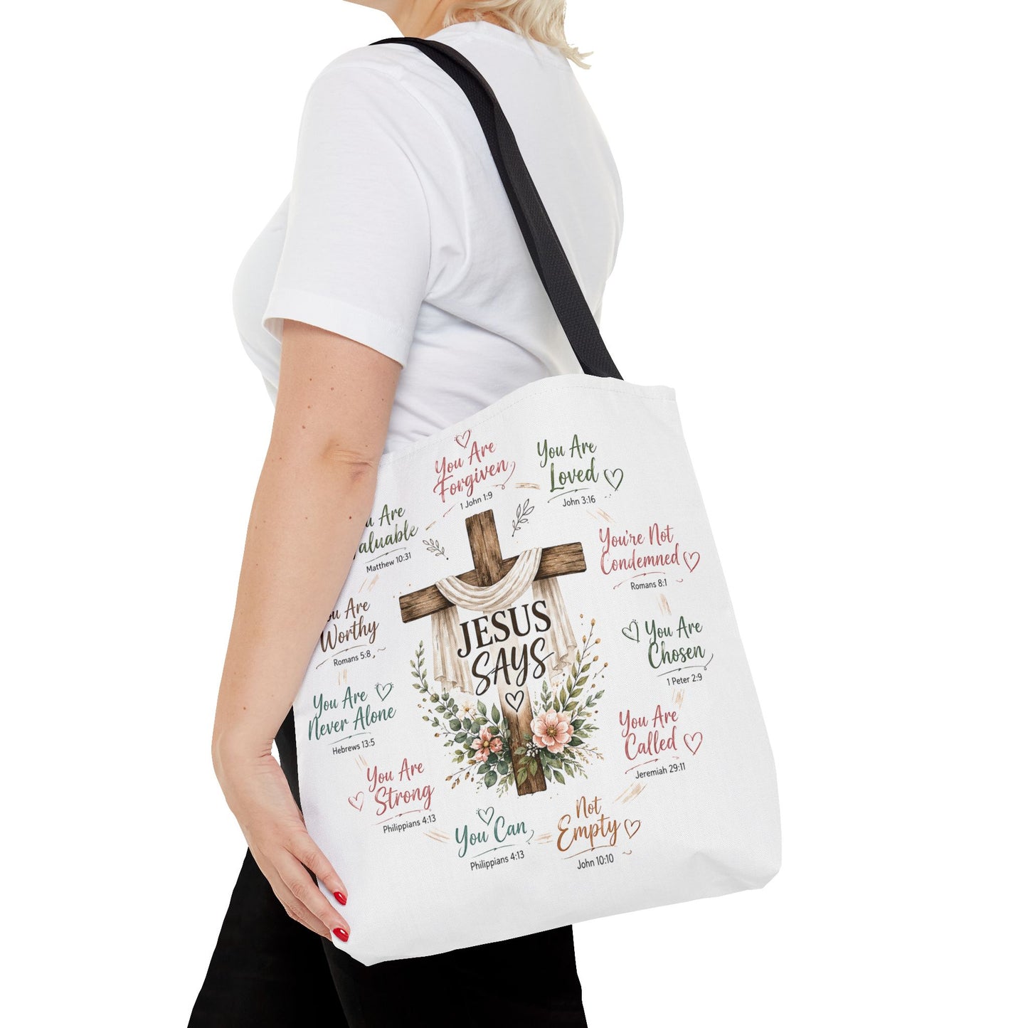 Jesus Says Cross Tote Bag | Christian Scripture Floral Design