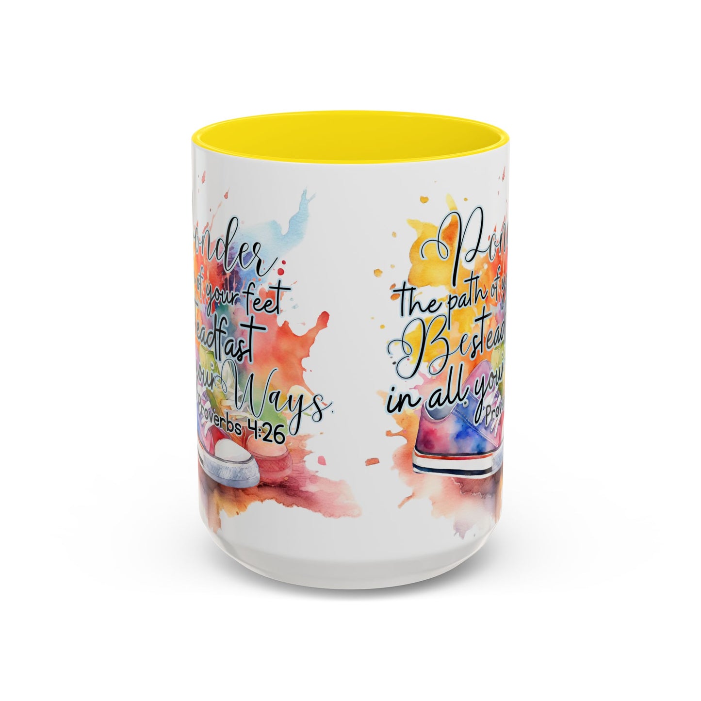Accent Coffee Mug — Proverbs 4:26 'Ponder the Path of Your Feet' Watercolor Inspirational Mug