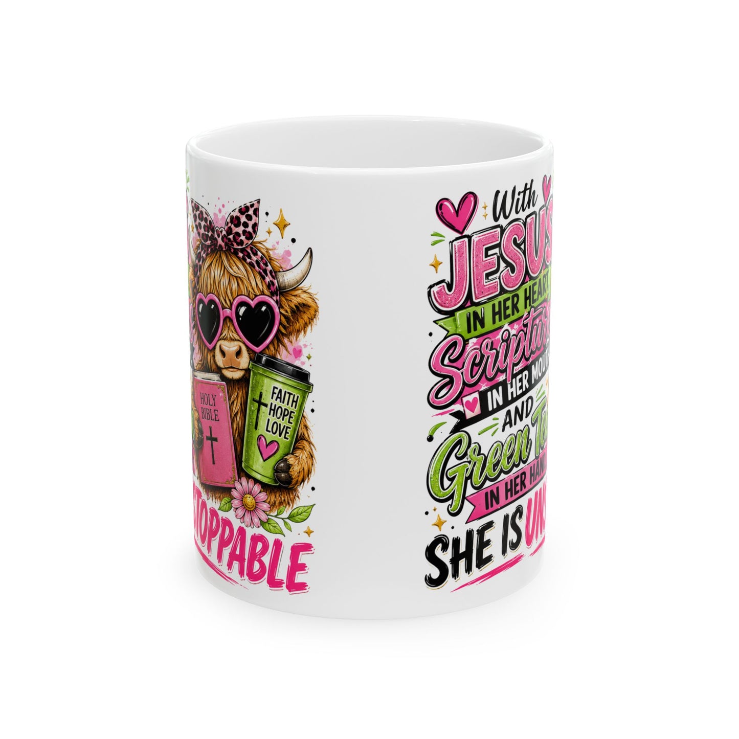 Christian Cow Illustration Mug | She Is Unstoppable Scripture Coffee Cup