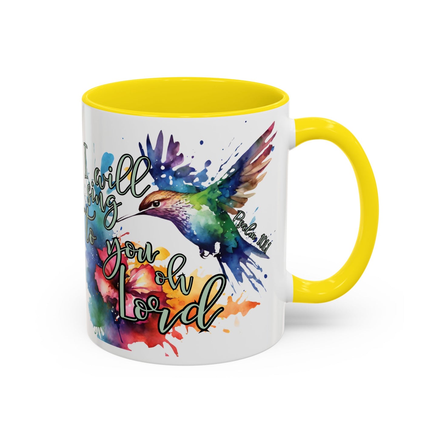 Coffee Mug — 'I Will Sing to You Lord' Watercolor Hummingbird