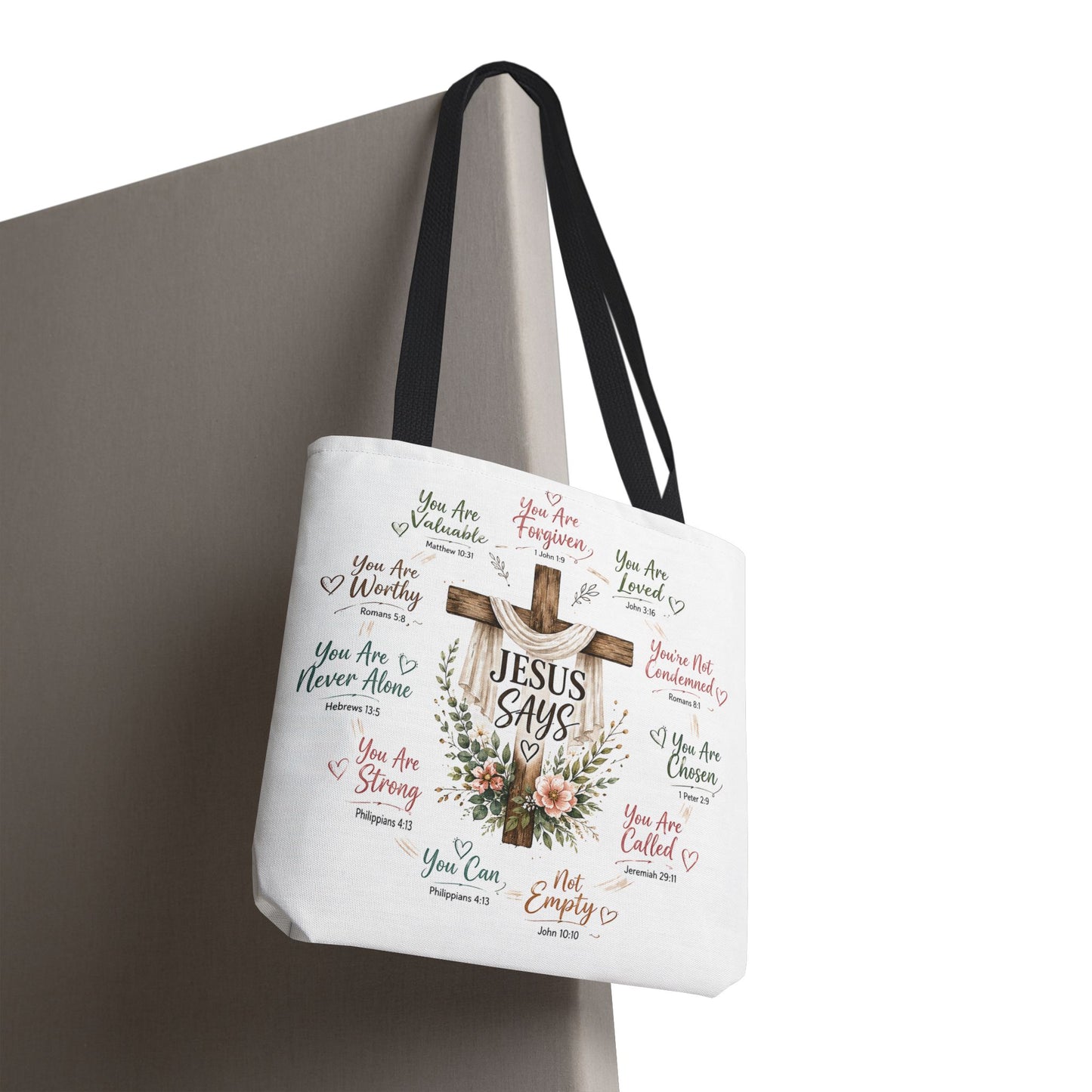 Jesus Says Cross Tote Bag | Christian Scripture Floral Design