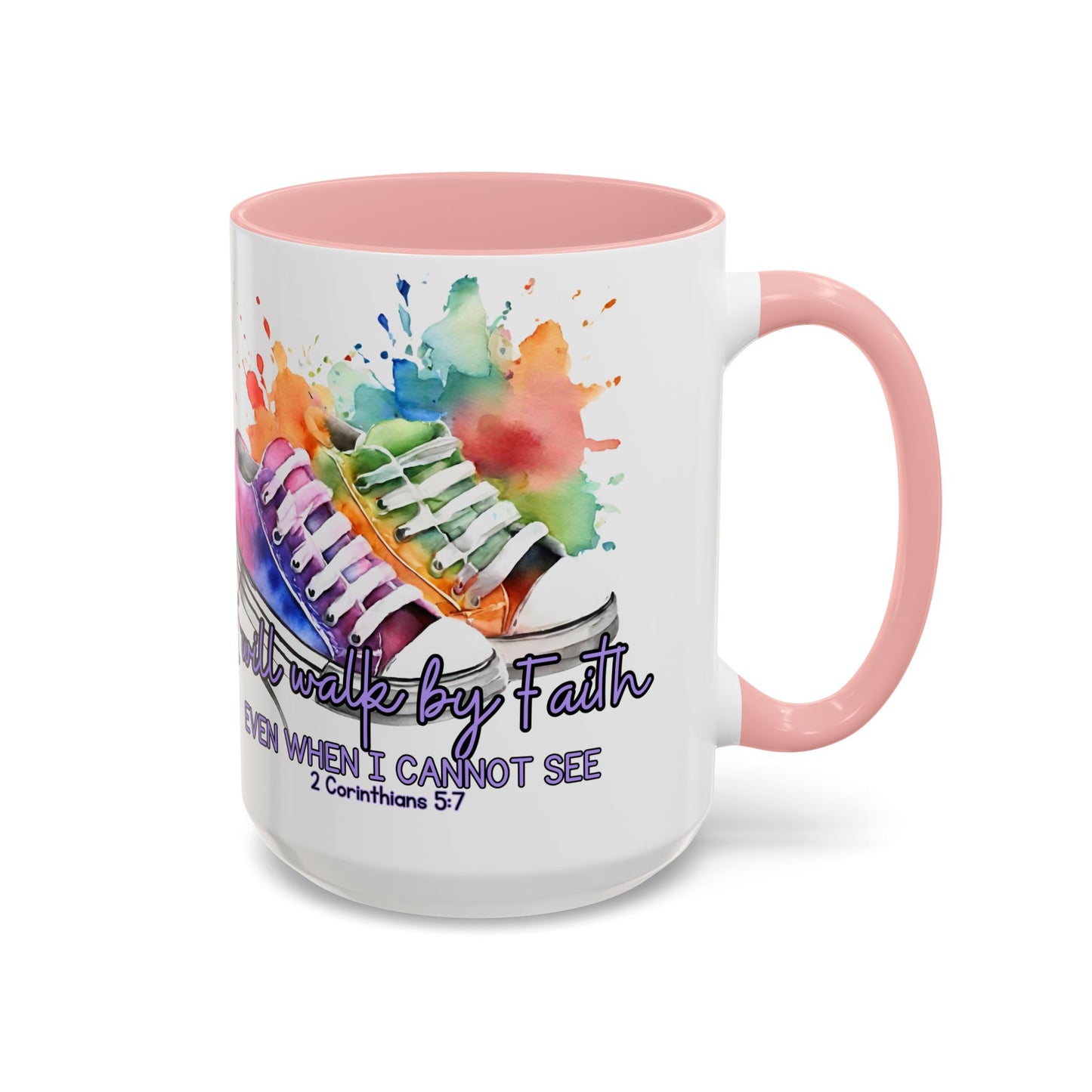 Accent Coffee Mug — "I Will Walk by Faith" Watercolor Sneakers Christian Gift (11/15oz)