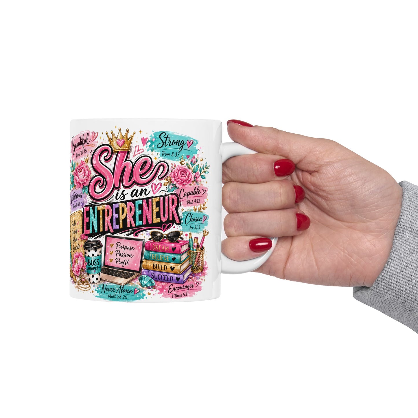 She is Entrepreneur Self Care Student Mug | Floral Books, Coffee, Study Planner Design