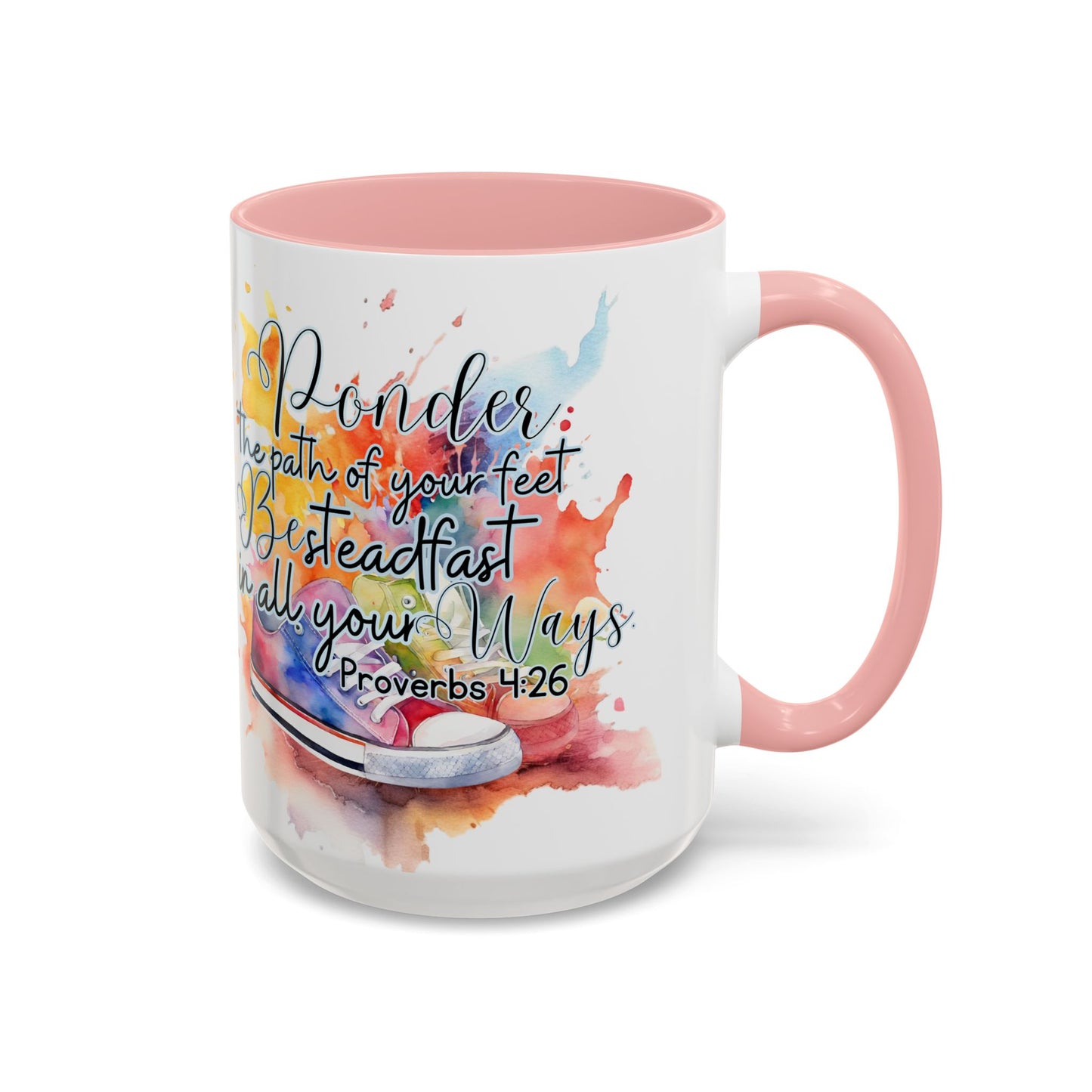Accent Coffee Mug — Proverbs 4:26 'Ponder the Path of Your Feet' Watercolor Inspirational Mug