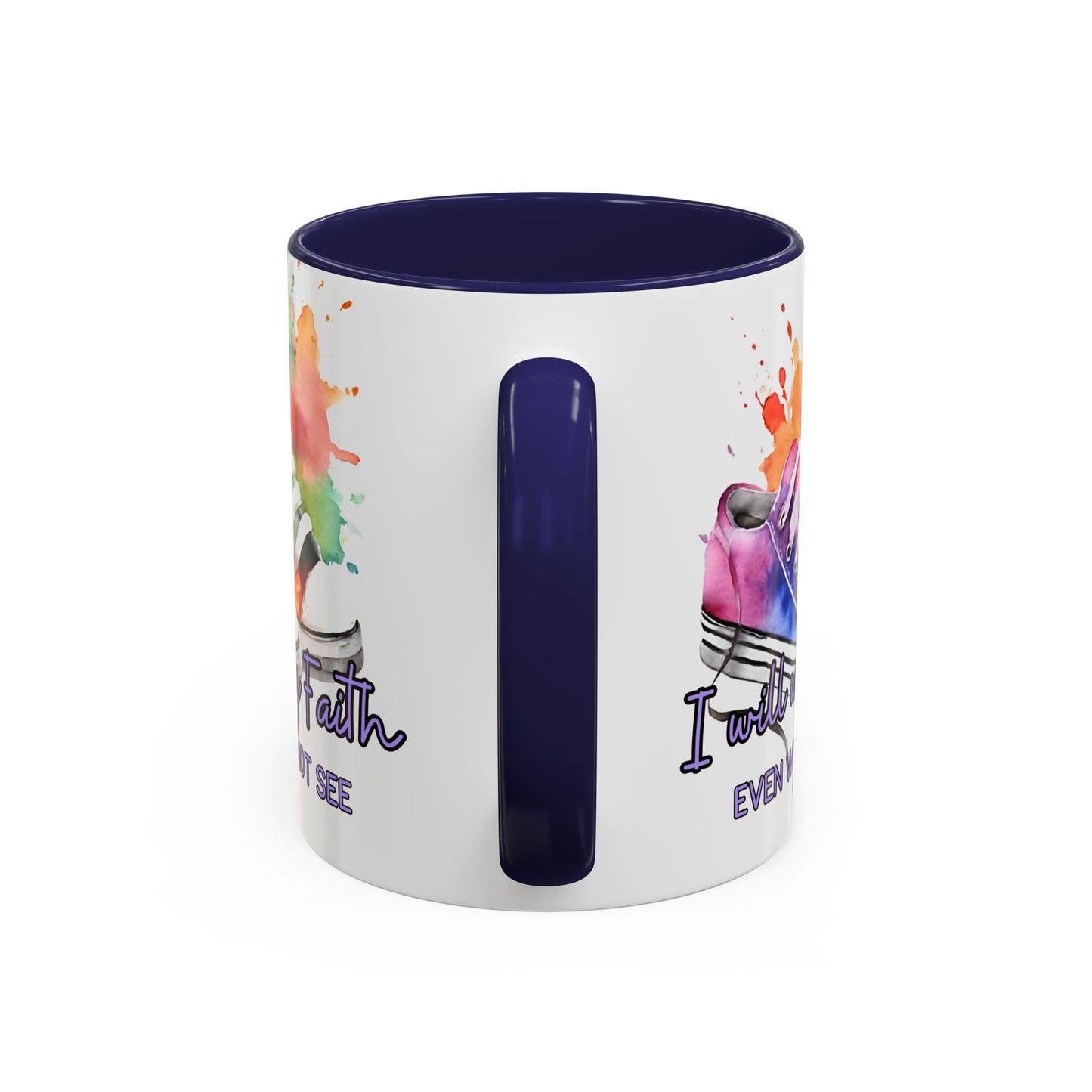 Accent Coffee Mug — "I Will Walk by Faith" Watercolor Sneakers Christian Gift (11/15oz)