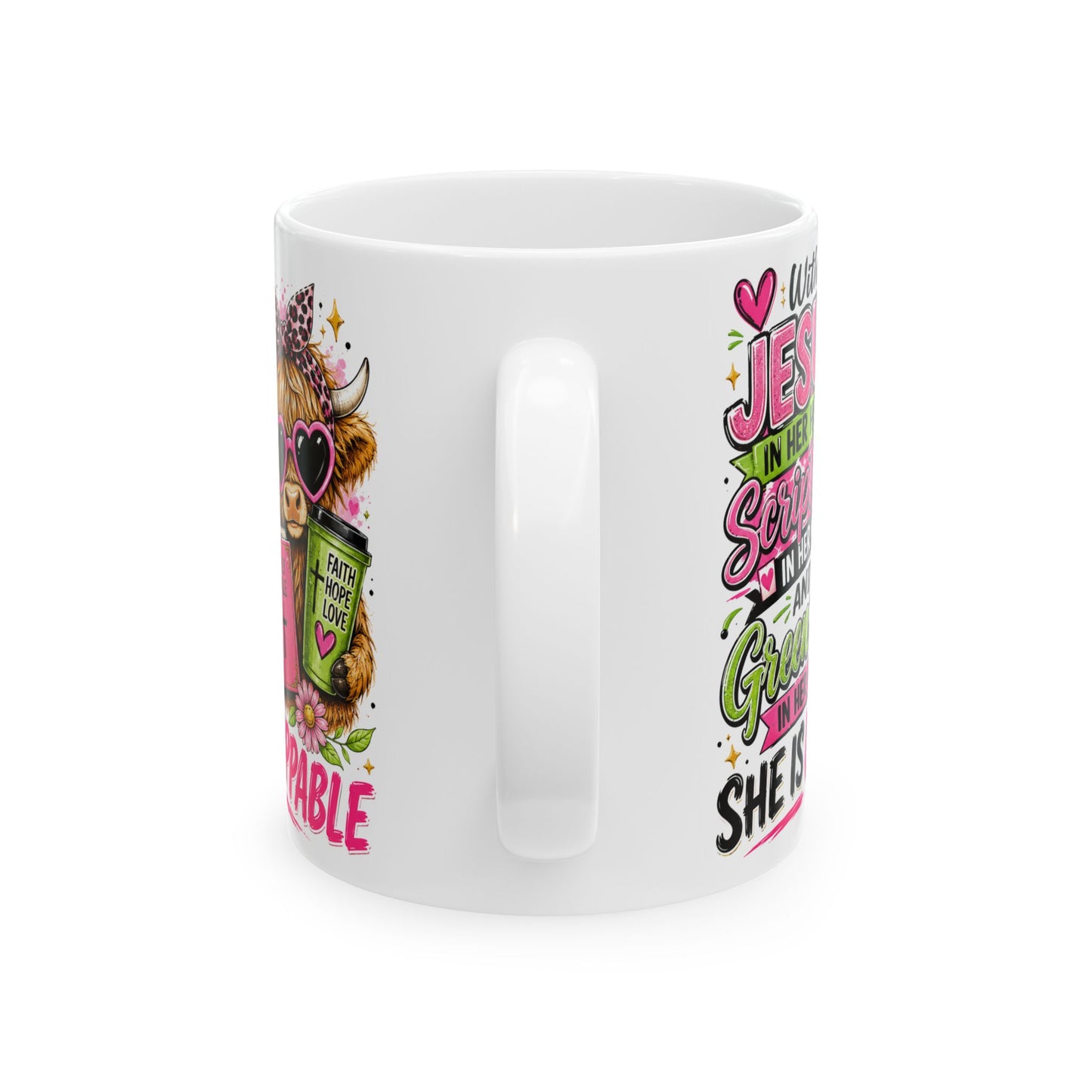 Christian Cow Illustration Mug | She Is Unstoppable Scripture Coffee Cup