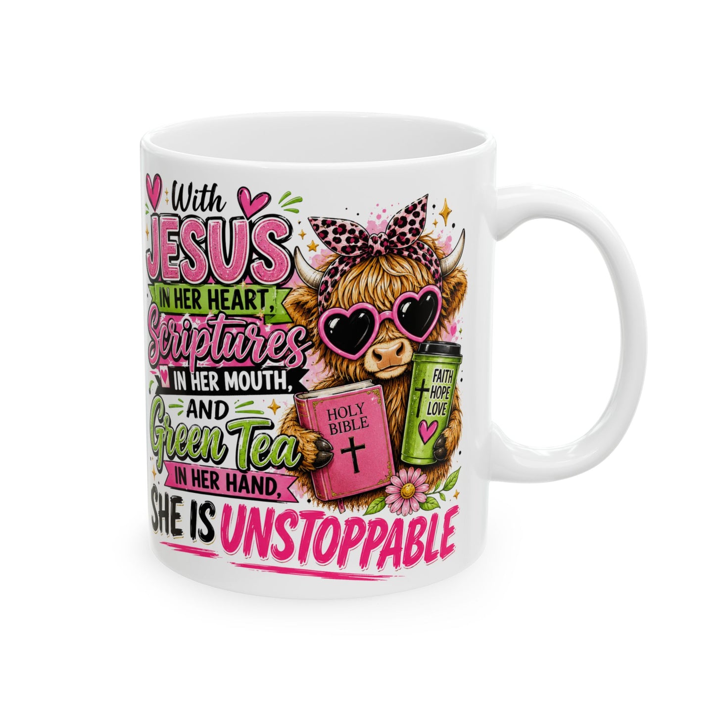 Christian Cow Illustration Mug | She Is Unstoppable Scripture Coffee Cup