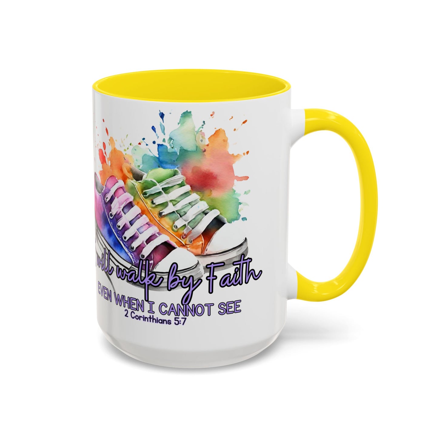 Accent Coffee Mug — "I Will Walk by Faith" Watercolor Sneakers Christian Gift (11/15oz)