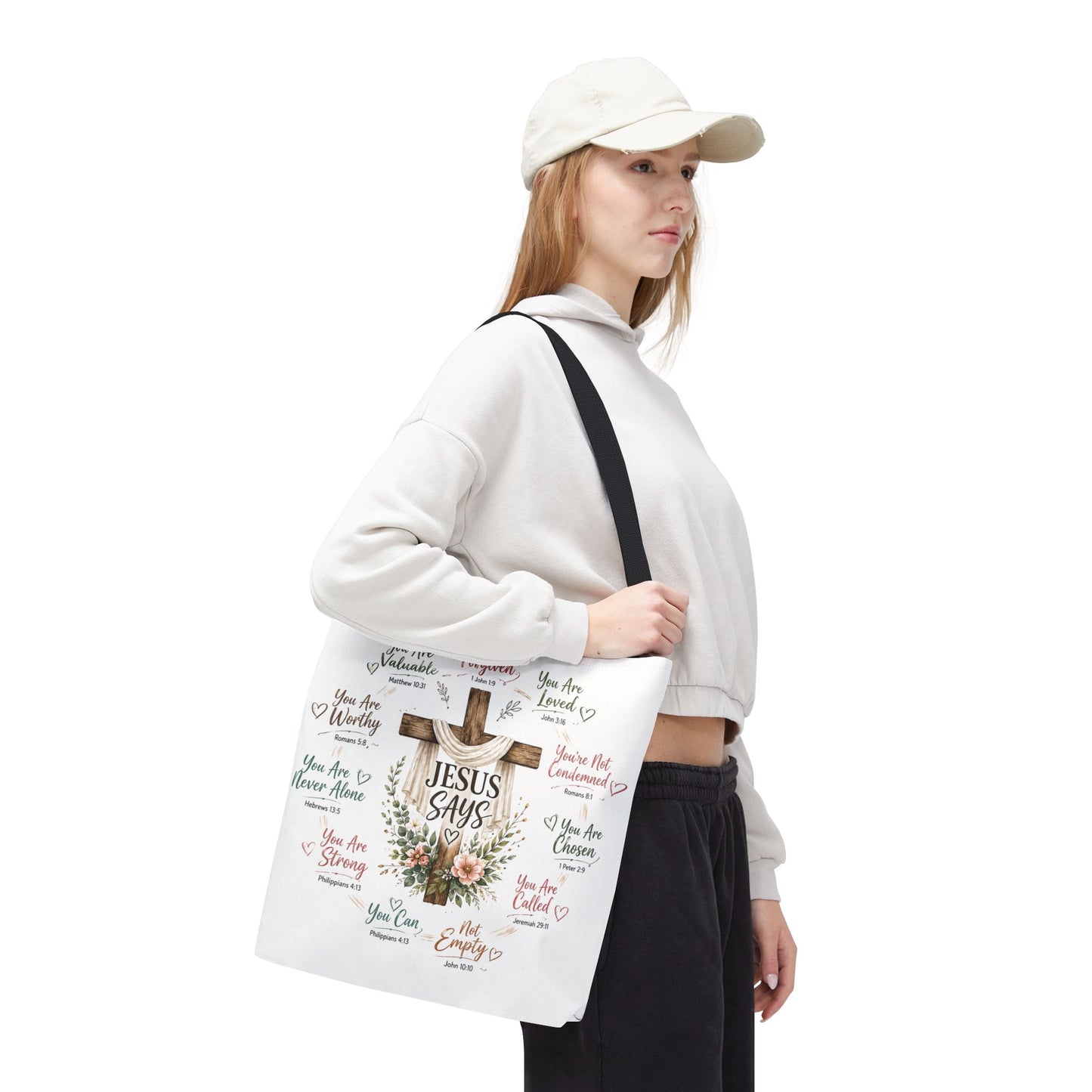 Jesus Says Cross Tote Bag | Christian Scripture Floral Design