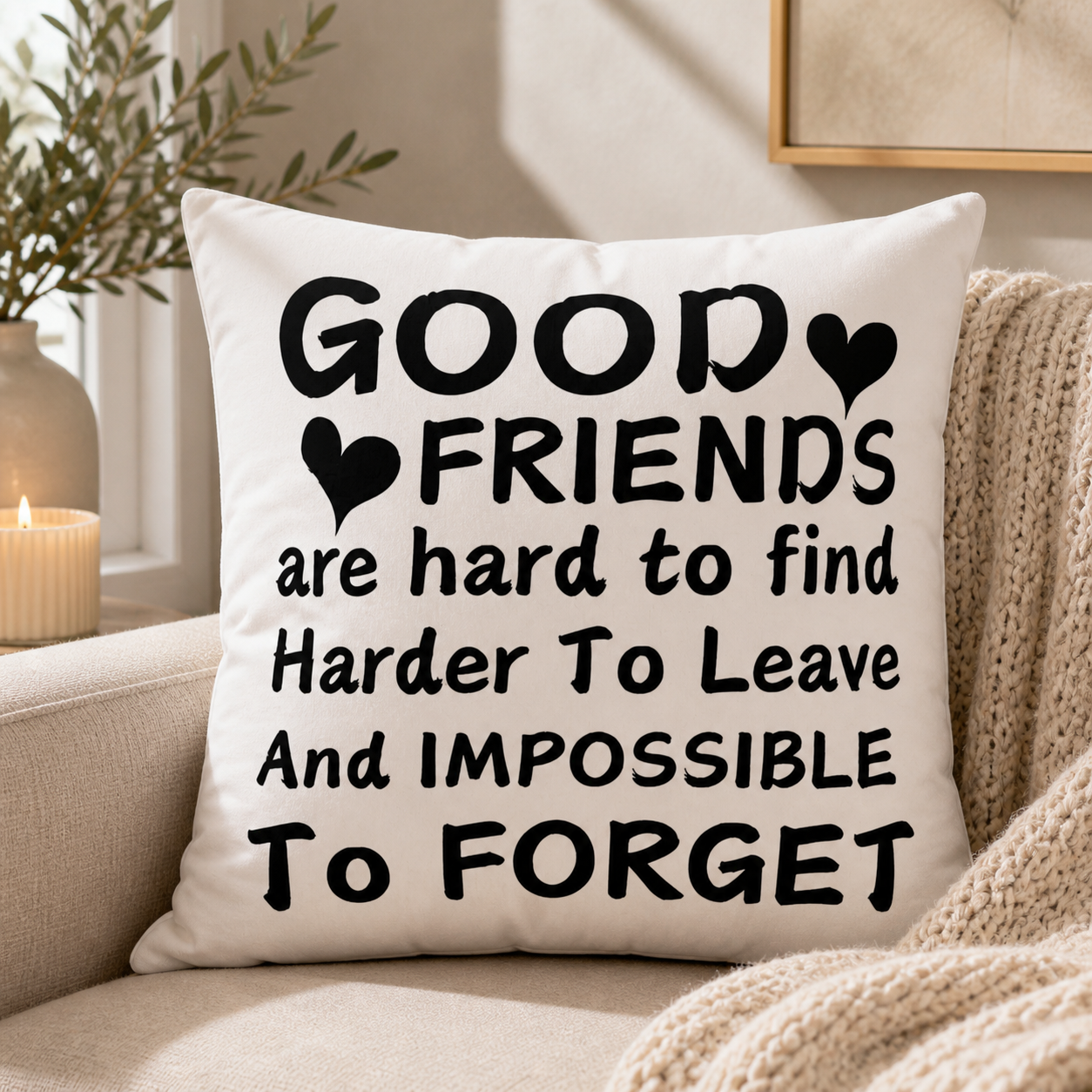 Good Friends Heart Quote Pillow | Friendship Throw Pillow, Black Script