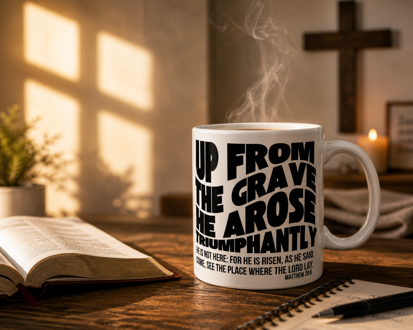 Inspirational Scripture Mug – "He Is Risen" Matthew 28:6 Ceramic Coffee Cup (11oz/15oz)